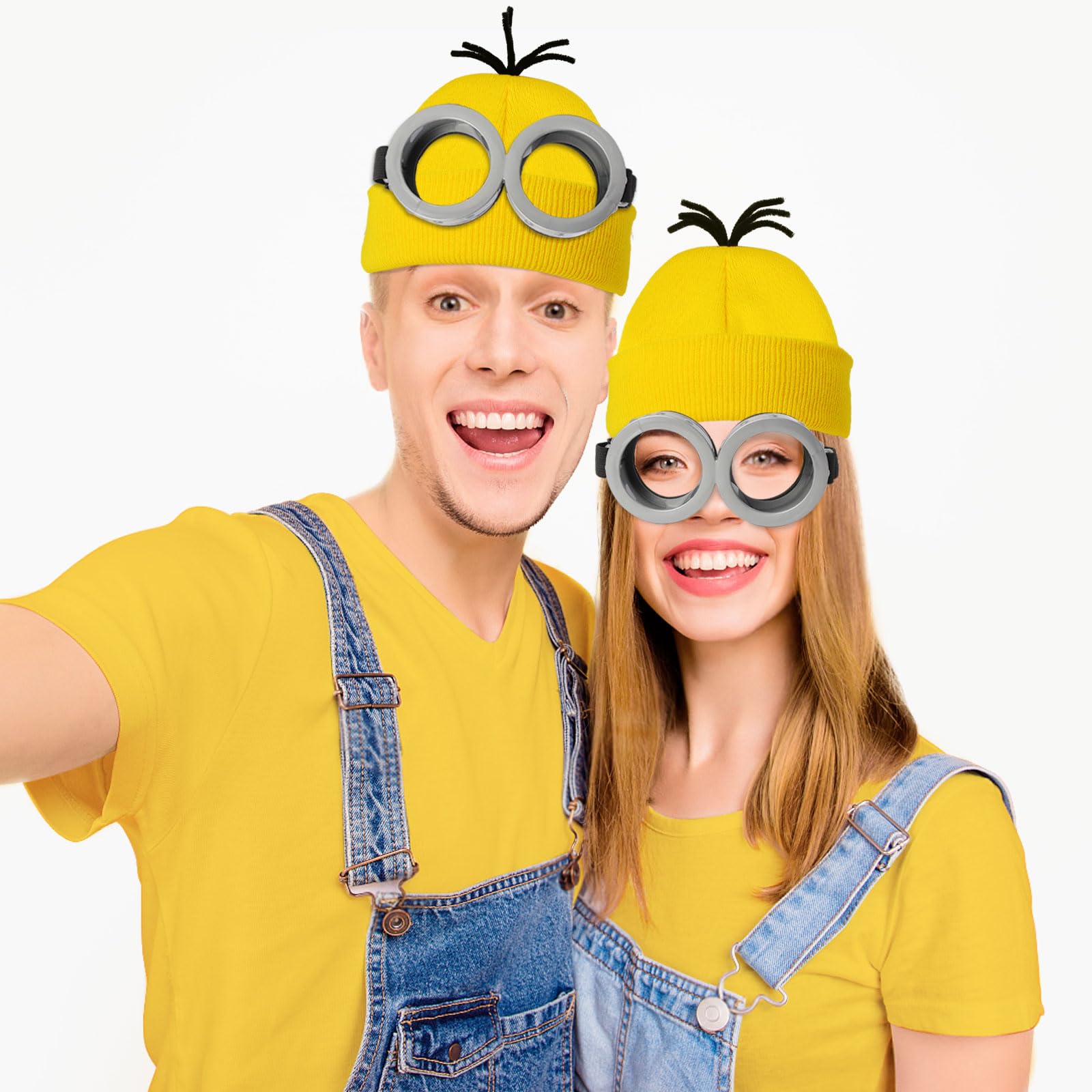 HEYFIZZ 3 Pcs Halloween Costume Accessories Adult,Goggles Glasses/Yellow Beanie/Gloves for Men Women Cosplay Party Set