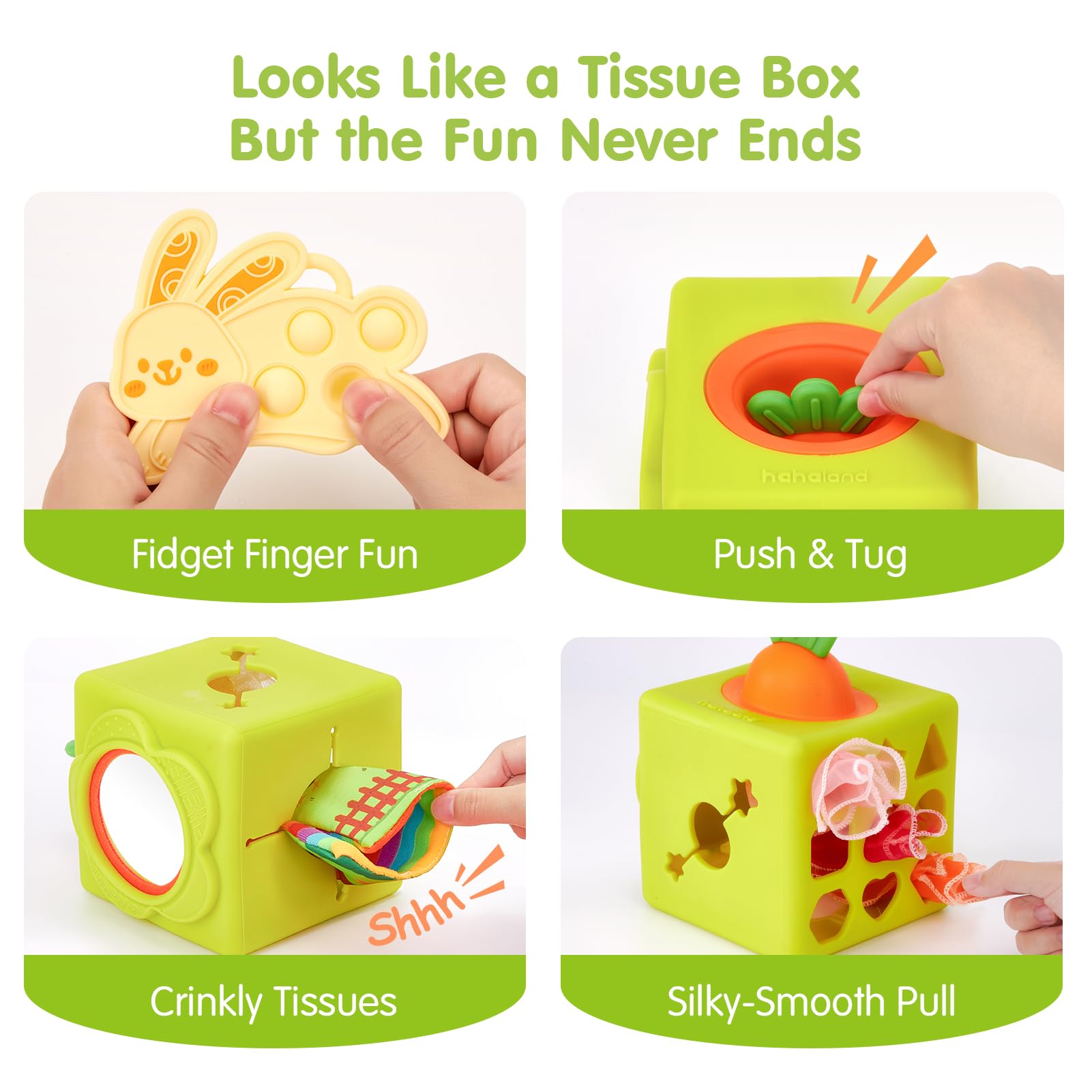 hahaland Baby Tissue Box Toy - Silicone Baby Toys 6-12 Months Montessori Toys for 6 Month Old, 6-in-1 Soft Busy Activity Cube with Scarves, Crinkle, Textures, Mirror, Sensory Popper, Stocking Stuffers