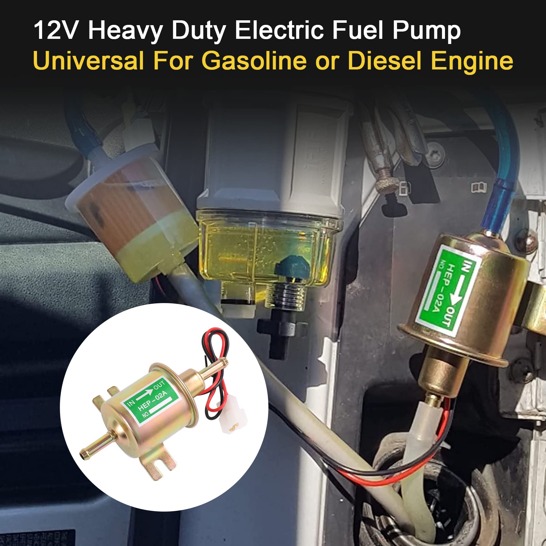 Universal Electric Fuel Pump Kit 12v 3-6 PSI Low Pressure with Fuel Filter 6.56 FT 5/16" ID Fuel Line Replacement For Carburetor Lawn Mower Gas Diesel Fuel Transfer Pump