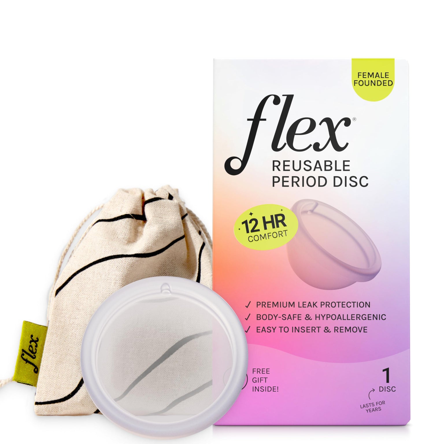 Flex Reusable Disc | Reusable Menstrual Disc | Tampon, Pad, and Cup Alternative | Capacity of 6 Super Tampons | Lasts for Years | Includes Carrying Pouch & 2 Free Disposable Discs