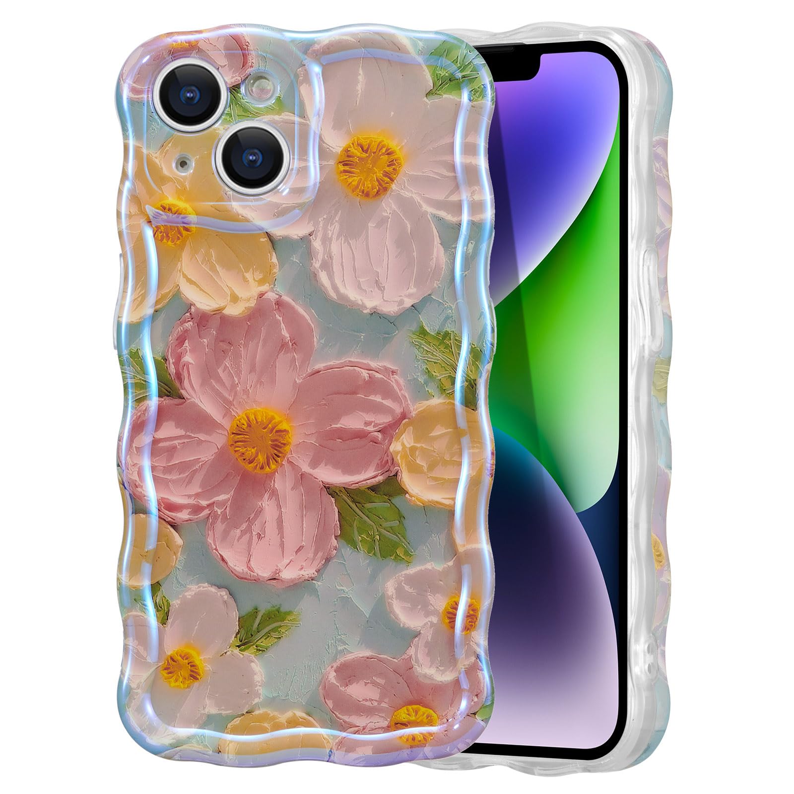 EYZUTAK Case for iPhone 13 Pro Max, Colorful Retro Oil Painting Printed Flower Laser Glossy Pattern Cute Curly Wave Edge Exquisite, Stylish Durable TPU Protective Phone Cover for Girls Women-Green