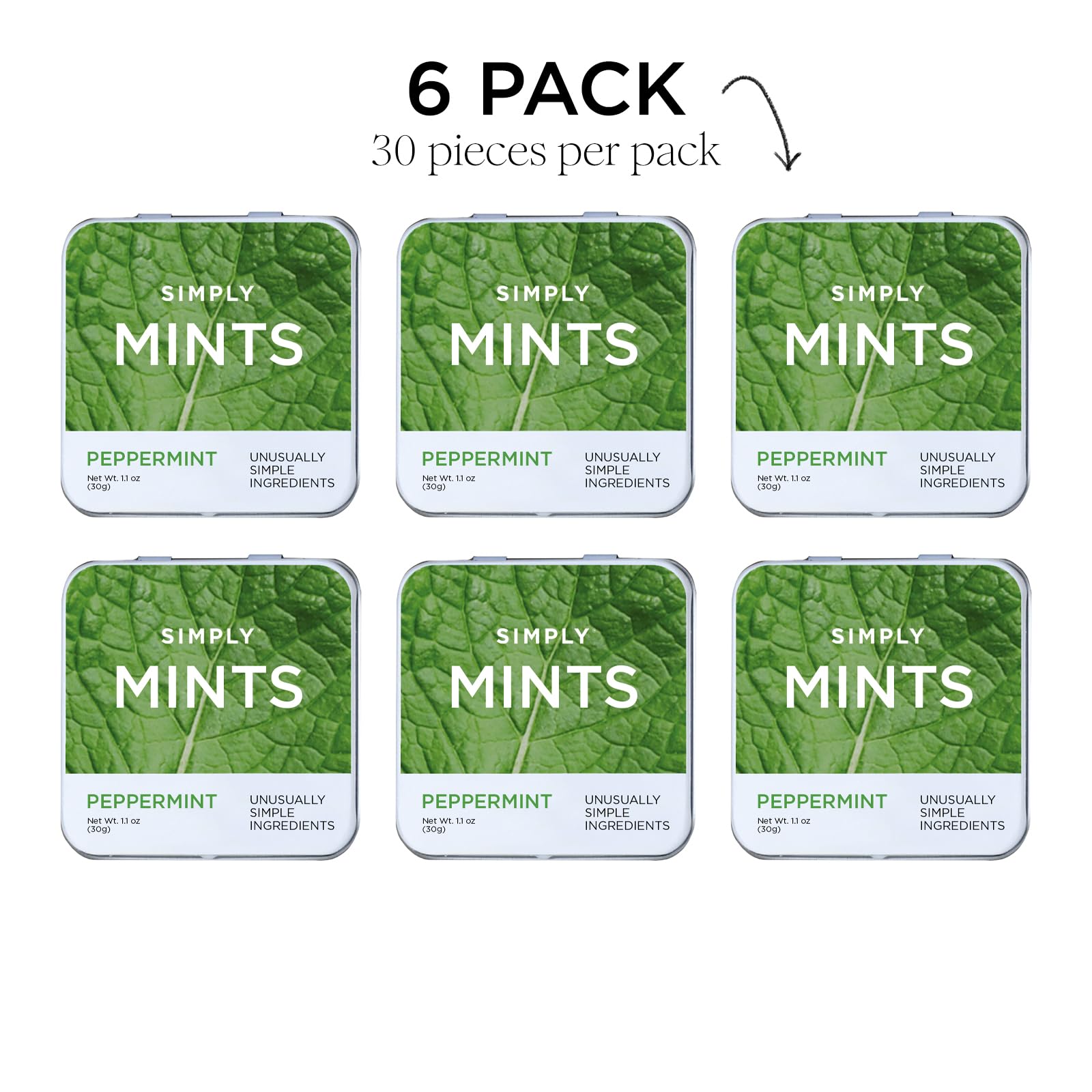 Simply Mints | Peppermint Breath Mints | Pack of Six (180 Pieces Total) | Breath Freshening + Aspartame-Free + Vegan + non-GMO