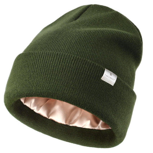 YANIBEST Womens Satin Lined Knit Beanie Hat Acrylic Winter Hats for Women Men Silk Lining Soft Slouchy Warm Cuffed Beanie Hat Pine Green