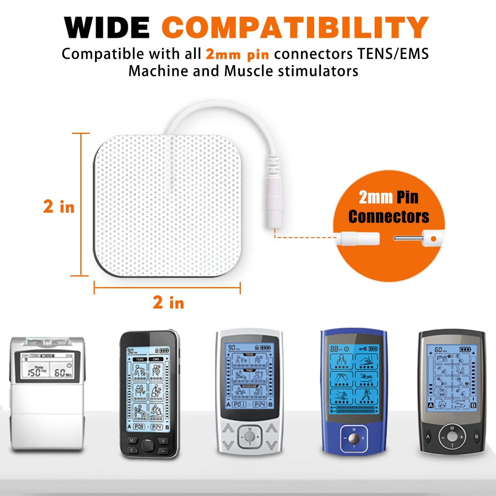 24PCS TENS Unit Replacement Pads 2X2, Latex Free Electrodes Compatible with TENS Machine Use 2mm Pin Connector Lead Wires Such as AUVON TENS, TENS 7000, Etekcity, Nicwell Care Tens