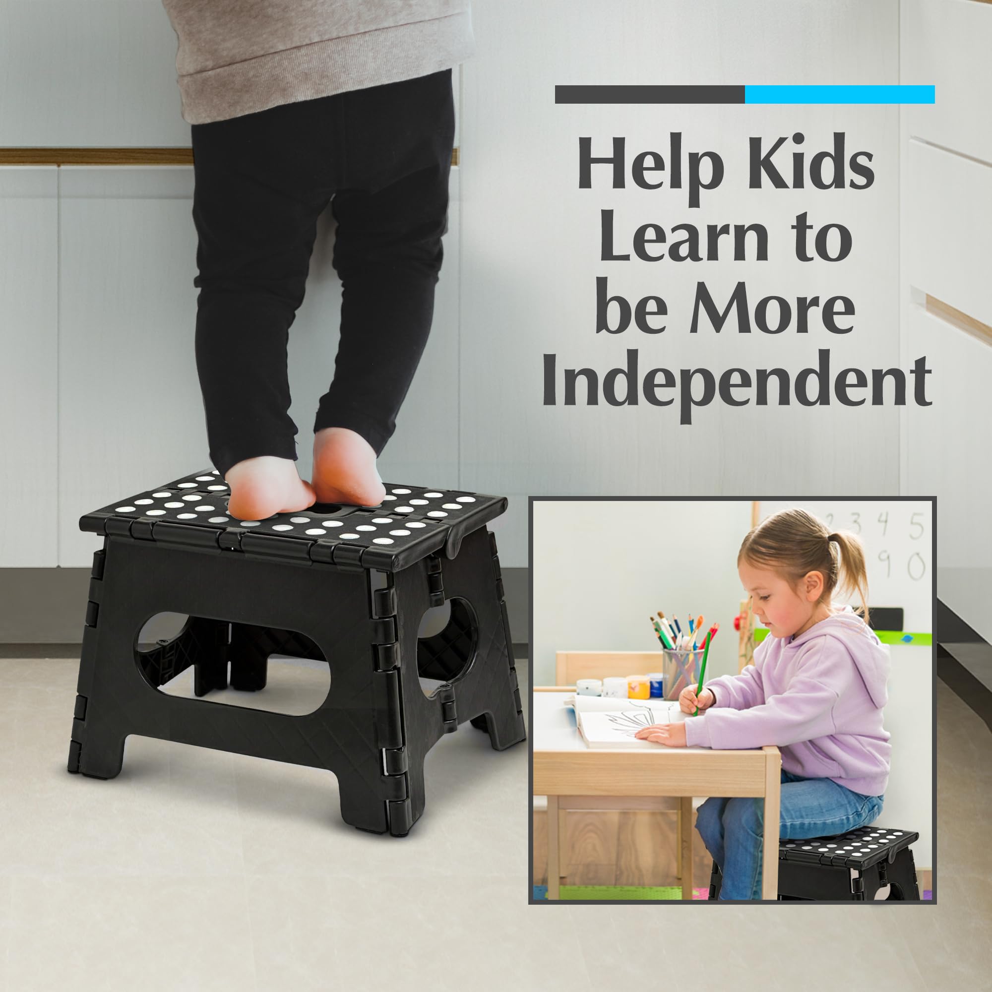 Handy Laundry Folding Step Stool - Sturdy Enough Collapsible Stool to Support Adults and Safe Enough for Kids - Opens Easy with One Flip - Great for Kitchen, Bathroom or Bedroom (Black - 9 Inch)