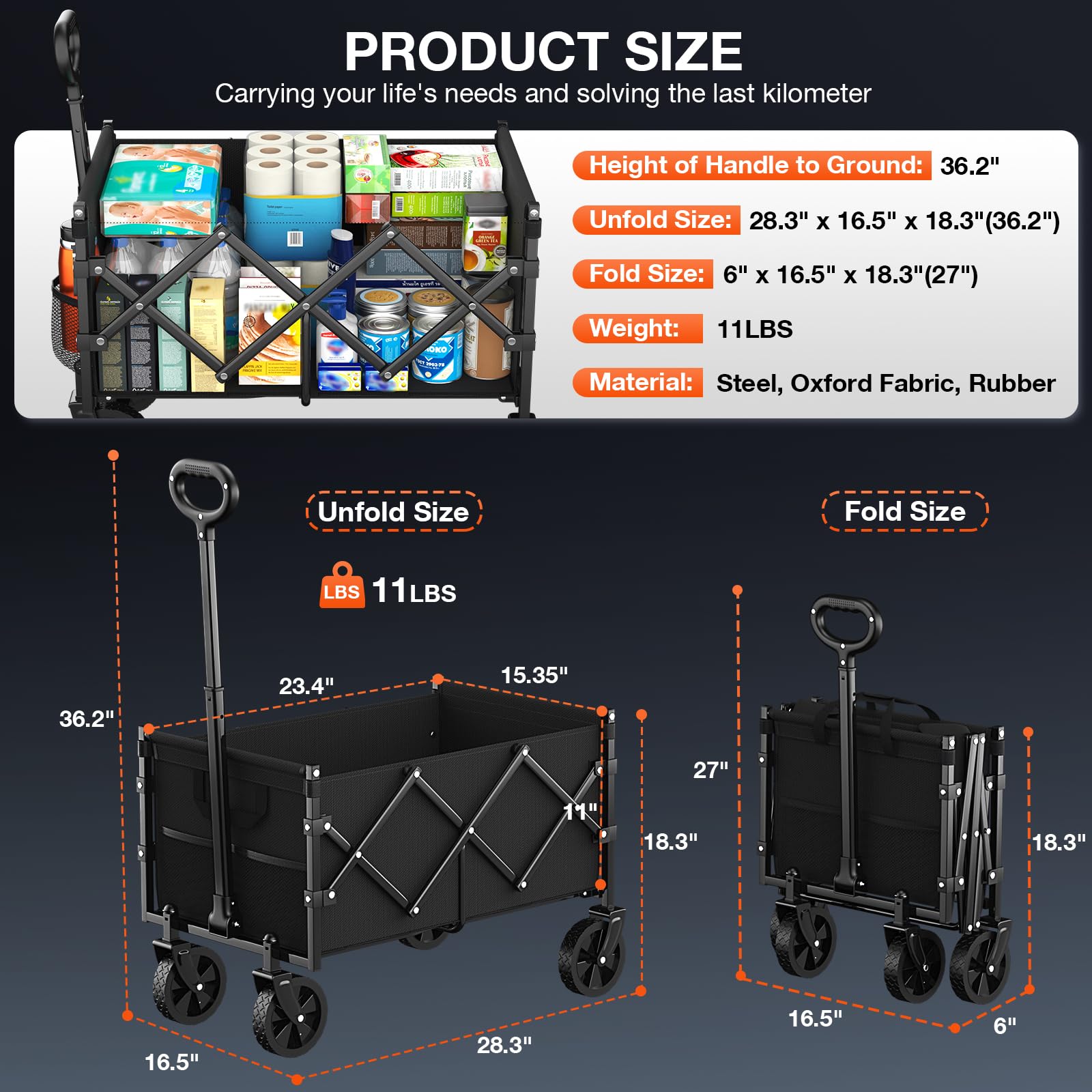 Nadonli Foldable Wagon with Wheels, Portable Heavy Duty Collapsible Beach Cart - Large Capacity Utility Wagon for Shopping, Sports, Camping，Garden，Grocery - Black