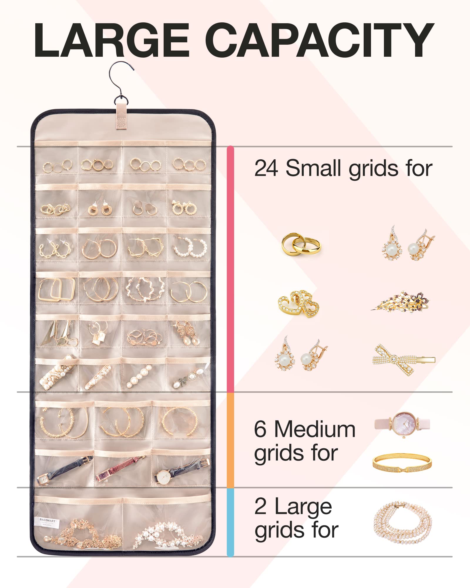 BAGSMART Hanging Jewelry Organizer Storage Roll with Hanger Metal Hooks Double-Sided Jewelry Holder for Earrings, Necklaces, Rings on Closet, Wall, Door, 1 piece, Large, Black