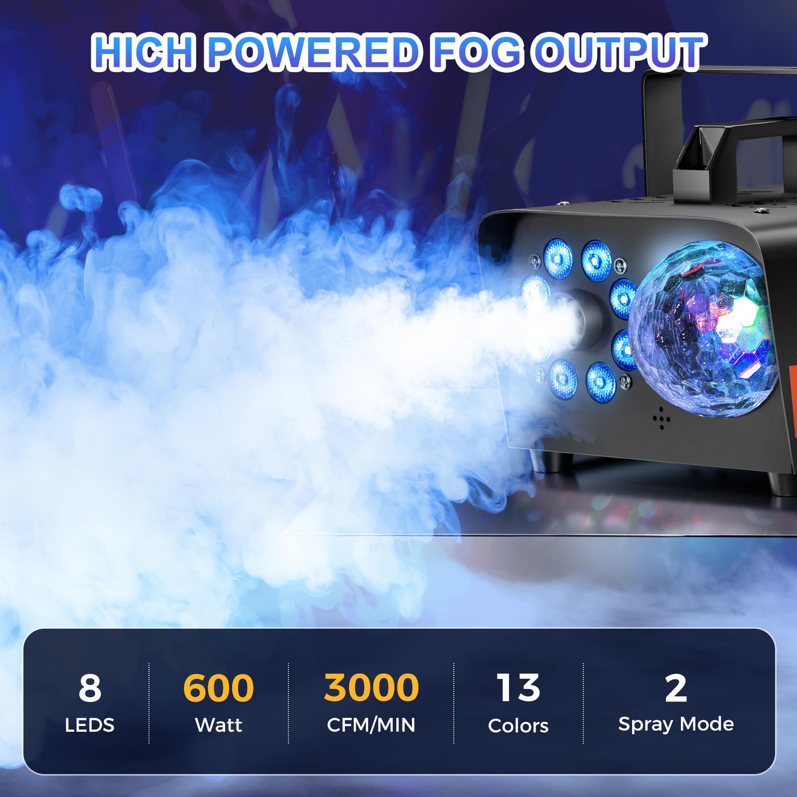 Smoke Machine, Fog Machine with Disco Ball Lights, 600W and 3000CFM with 13 Colorful LED Lights Effect, Wireless Remote Control, Suitable for Indoor, Wedding, Parties, Halloween, and DJ Stage