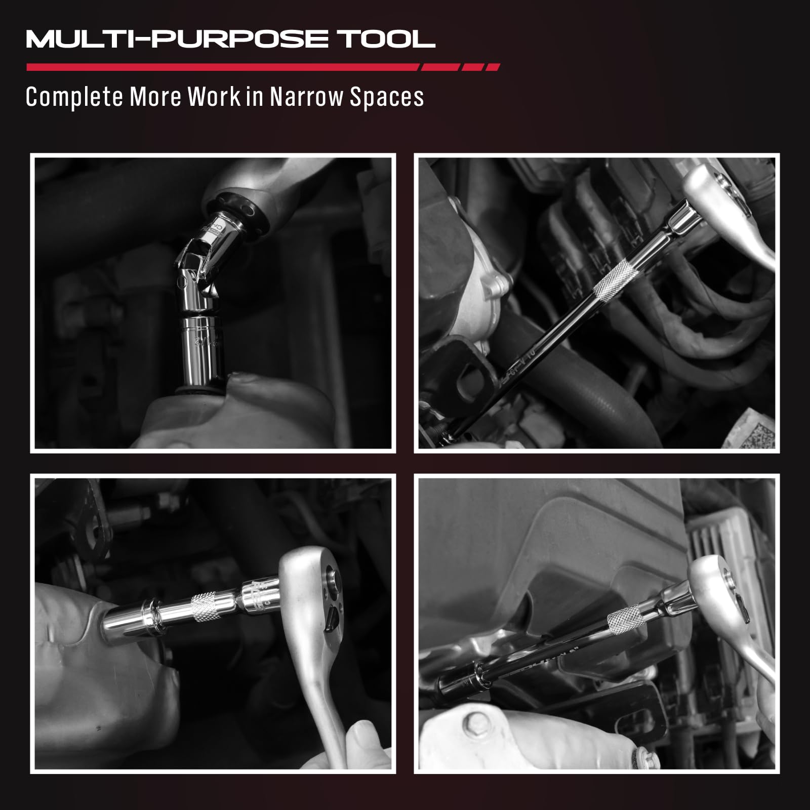 4-Piece 3/8" Drive Socket Extension Bar Set, Professional Socket Extension Set Include 3, 6, and 10 Inch Extensions and 3/8 Inch drive Universal Joint Sockets, Premium Cr-V Steel Construction