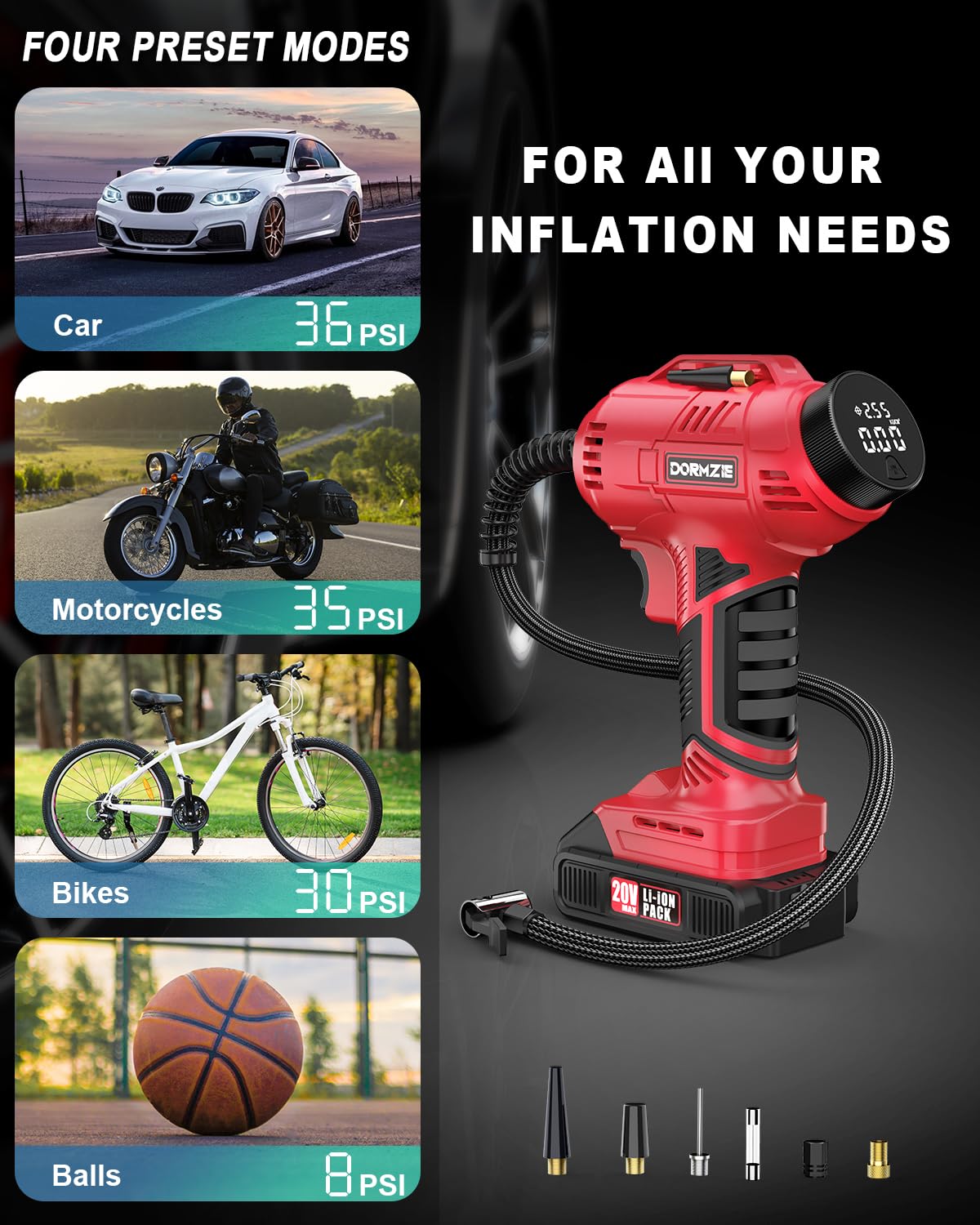 Tire Inflator Portable Air Compressor, 150 PSI Handheld Air Pump for Car Tires with 20V Rechargeable Battery, 12V Car Power Adapter, Digital Display, Ball, Motorcycle, Bike Pump