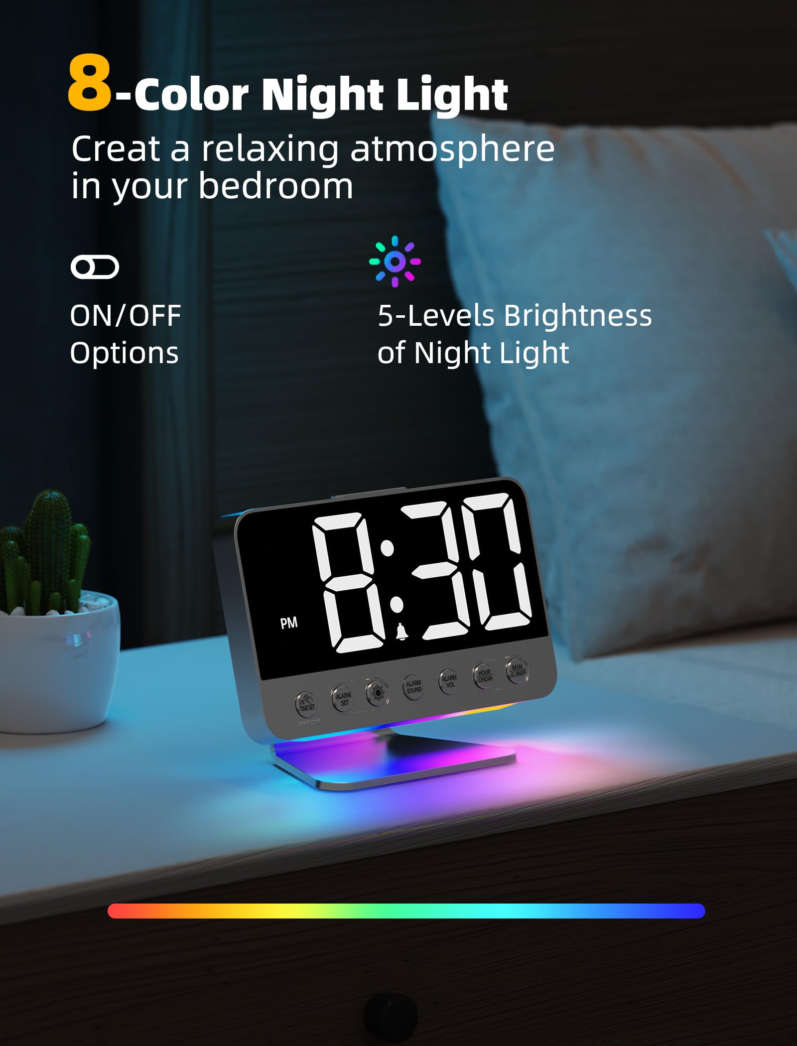 Odokee Digital Alarm Clocks for Bedrooms: Large Bold Number 5 Brightness Dimmer - Easy to Read Across The Room - 5 Alarm Sound 8 Night Light - Silver