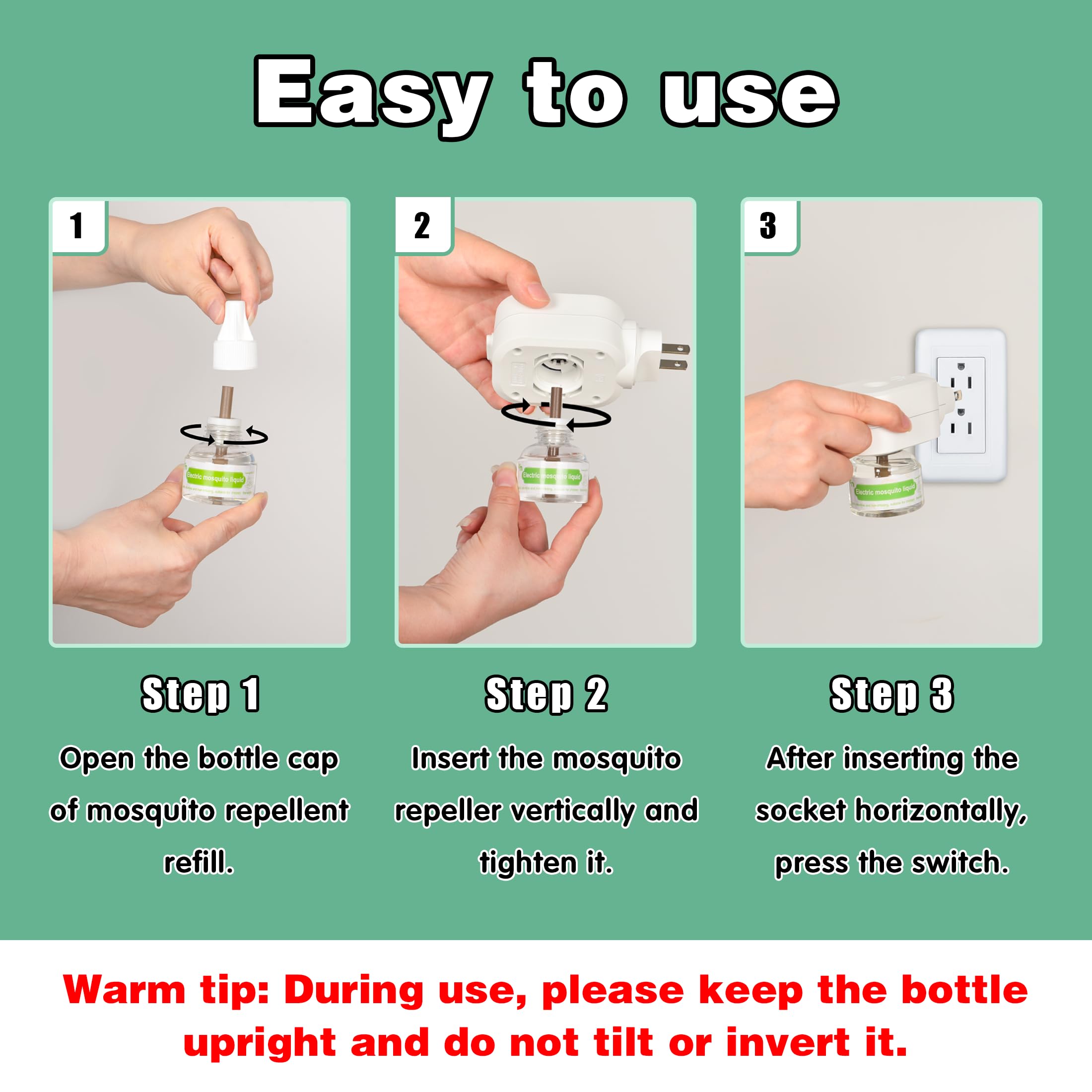 Ddrihlees Mosquito Repeller, Electronic Mosquito Repellent Plug in Indoor Use, Includes 2-Pack 280 Hr Repellent Refills, No Candles or Flames, DEET-Free, for Home, Bedroom, Office, Kitchen (White)