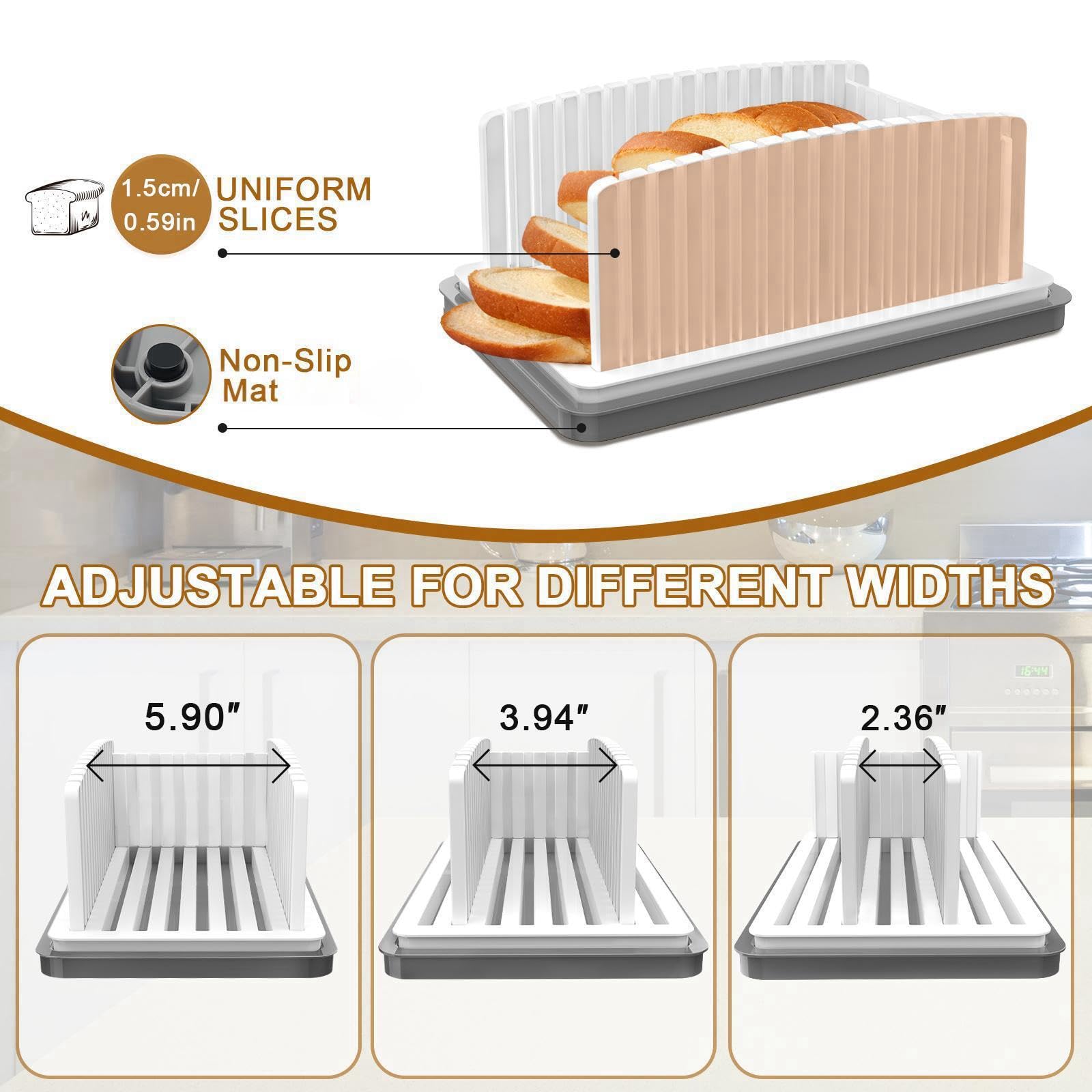 Kiss Core New Upgrade Bread Slicer for Homemade Bread, Bread Slicing Guide Adjustable Width, Foldable and Compact Cutting Guide with Crumb Tray, Suitability for Homemade Bread, Bagels, Cakes