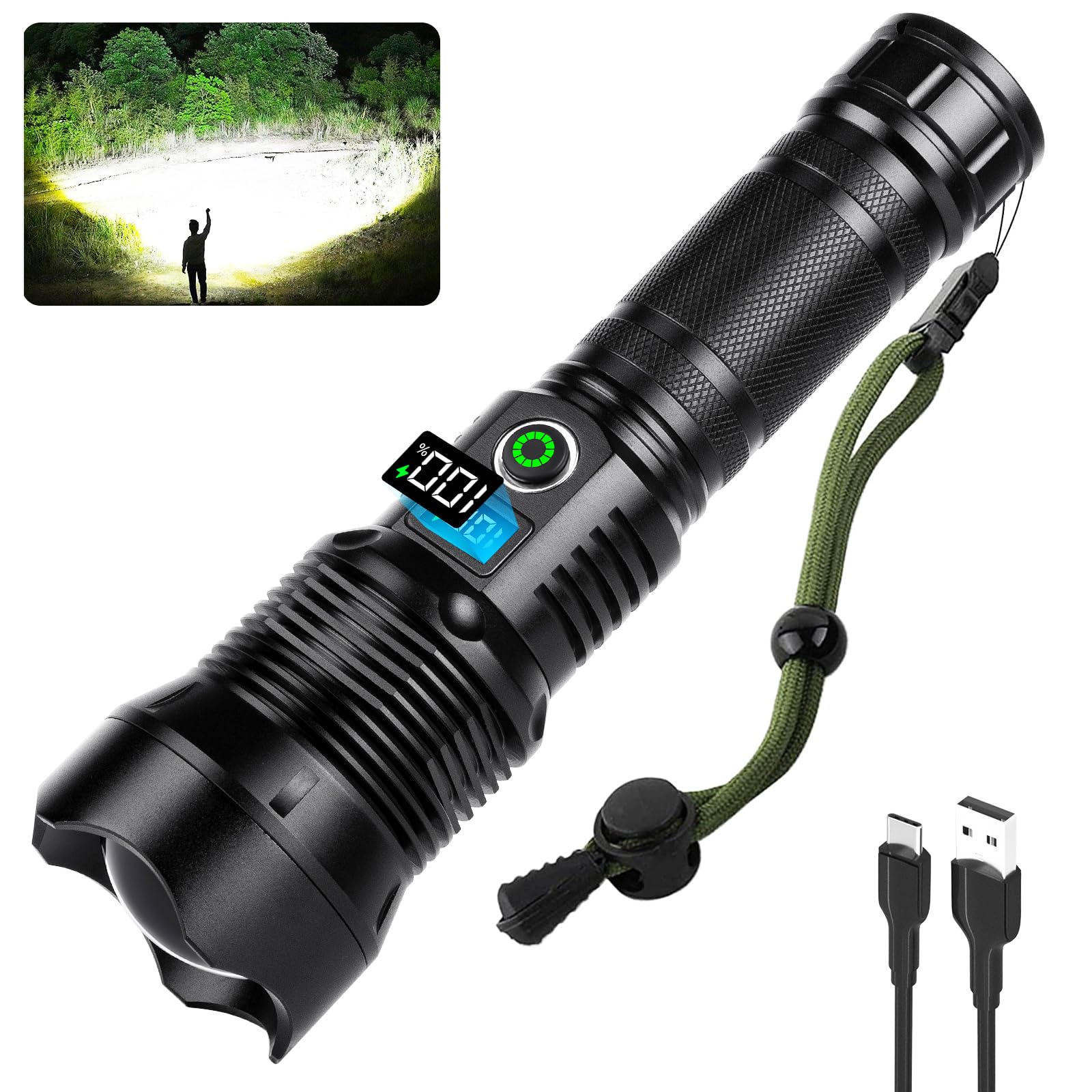 Alicegirl Flashlights High Lumens Rechargeable - 1000,000 Lumen LED Brightest Flashlight with LCD Digital Display, 5 Modes, IPX6 Waterproof Powerful Handheld Flash Light for Camping Home