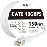 Cat 6 Ethernet Cable 100 ft, Outdoor&Indoor, 10Gbps Support Cat8 Cat7 Network, long Flat Internet LAN Patch Cord, Cat6 Solid Fast Speed weatherproof Cable for Router, Modem, PS4/5, Xbox, Gaming, White