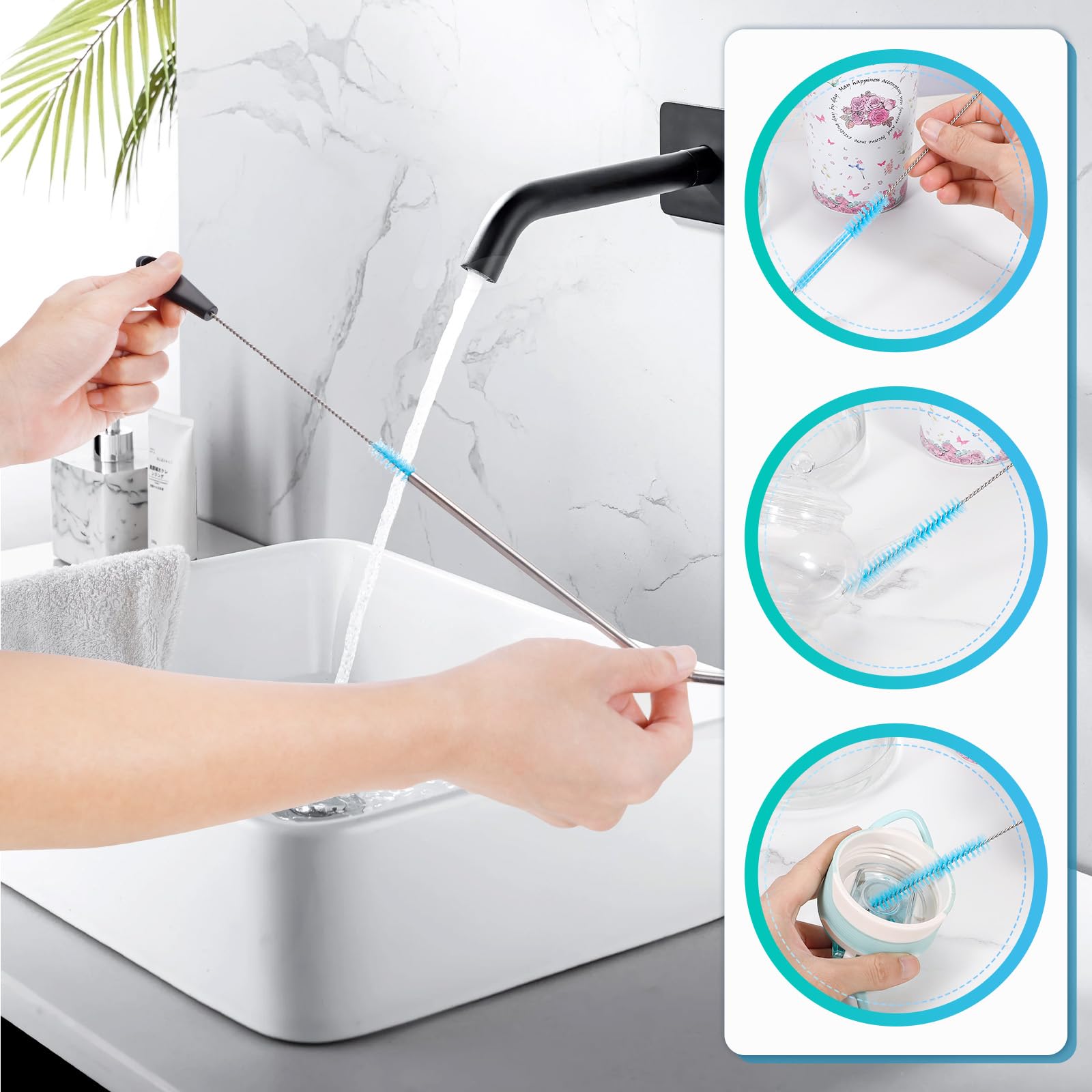 12.2 inch Bottle Brush Set of Three，Washable Coffee Cups, Water Bottles, Baby Bottles, Straws, to-go Cups, Long-Handled 3-in-1 Stainless Steel Bottle Brushes.