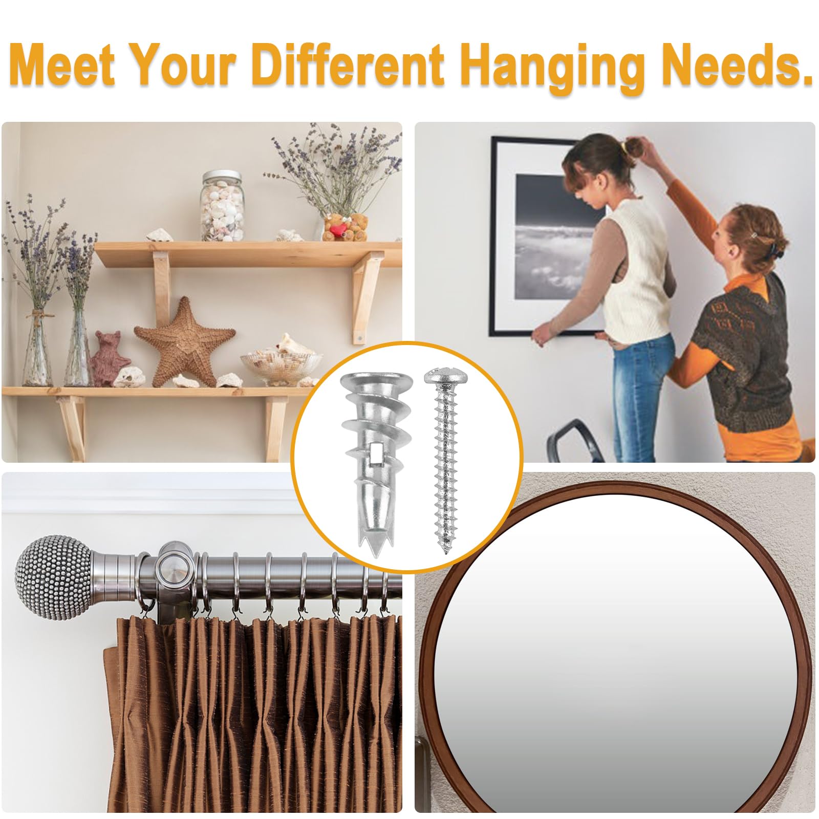 KURUI Metal Self Drilling Drywall Anchors, 116PCs Hollow Zinc Wall Anchors and Screws Kit, 58 Heavy Duty Sheetrock Anchors + 58#6 x 1-1/4'' Screws, 50LB Hanging and Mounting