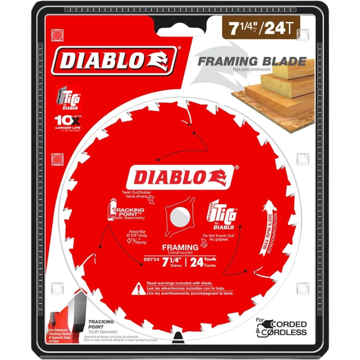 Diablo Framing Saw Blade for Wood - 7-1/4" x 24-Tooth, Thin Kerf, Anti-Vibration, Long Life for Framing & Pressure-Treated Wood, Tracking Point Tooth Design - Pack of 10 - D0724A