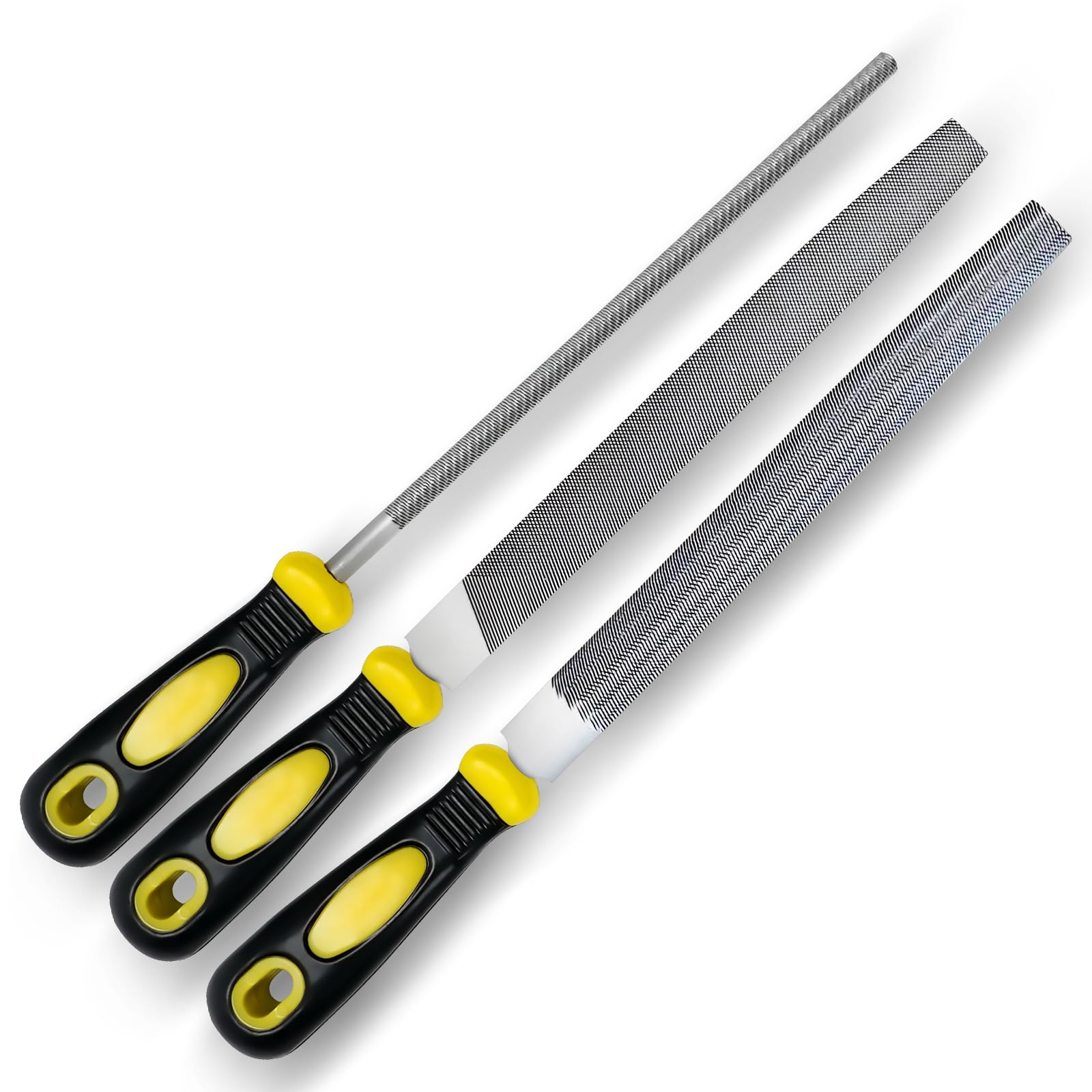 pwkauka 3er-Set Metallfeilen, 8 Zoll Professionelle Metallfeilen aus Kohlenstoffstahl, Inklusive Flach-, Rund- und Halbrundfeilen, Robuste Handfeilen zum Glätten, Formen und Entgraten von Metall und Holz