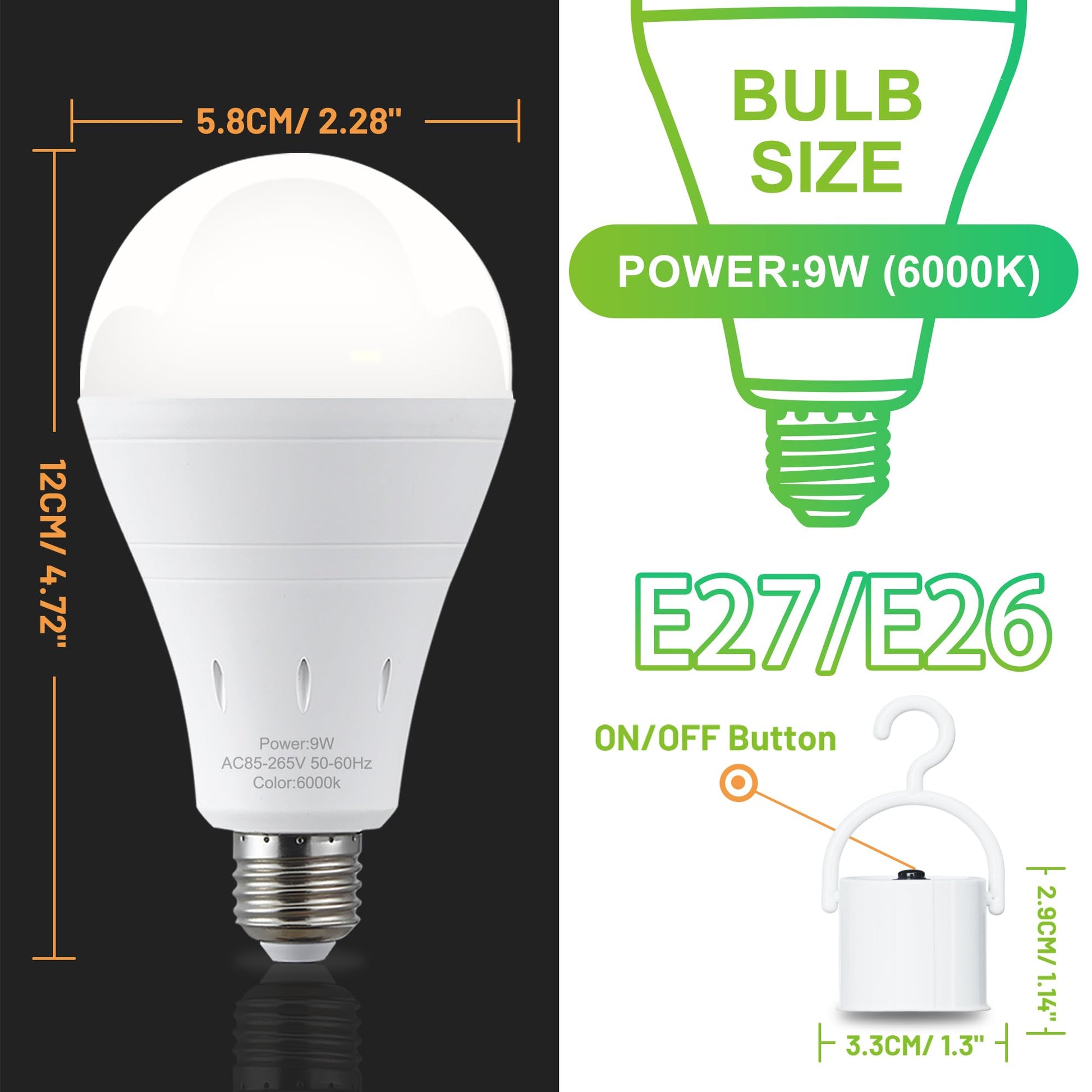 DEBAOBULB 6 Pack Rechargeable Emergency Light Bulbs, Battery Powered Energy Efficient LED Light Bulb 6000K Daylight E26 120 Volt 9W 60W Equivalent with 1200mAh for Home Power Outage Camping Hurricane