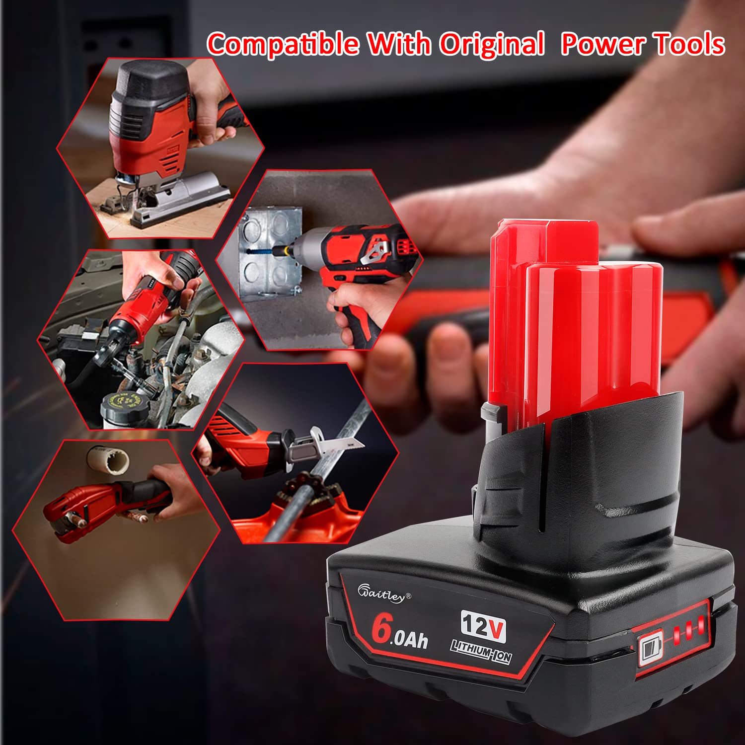 waitley 2 Pack 12V 6A Replacement Battery Compatible with Milwaukee 6.0Ah Power Tools