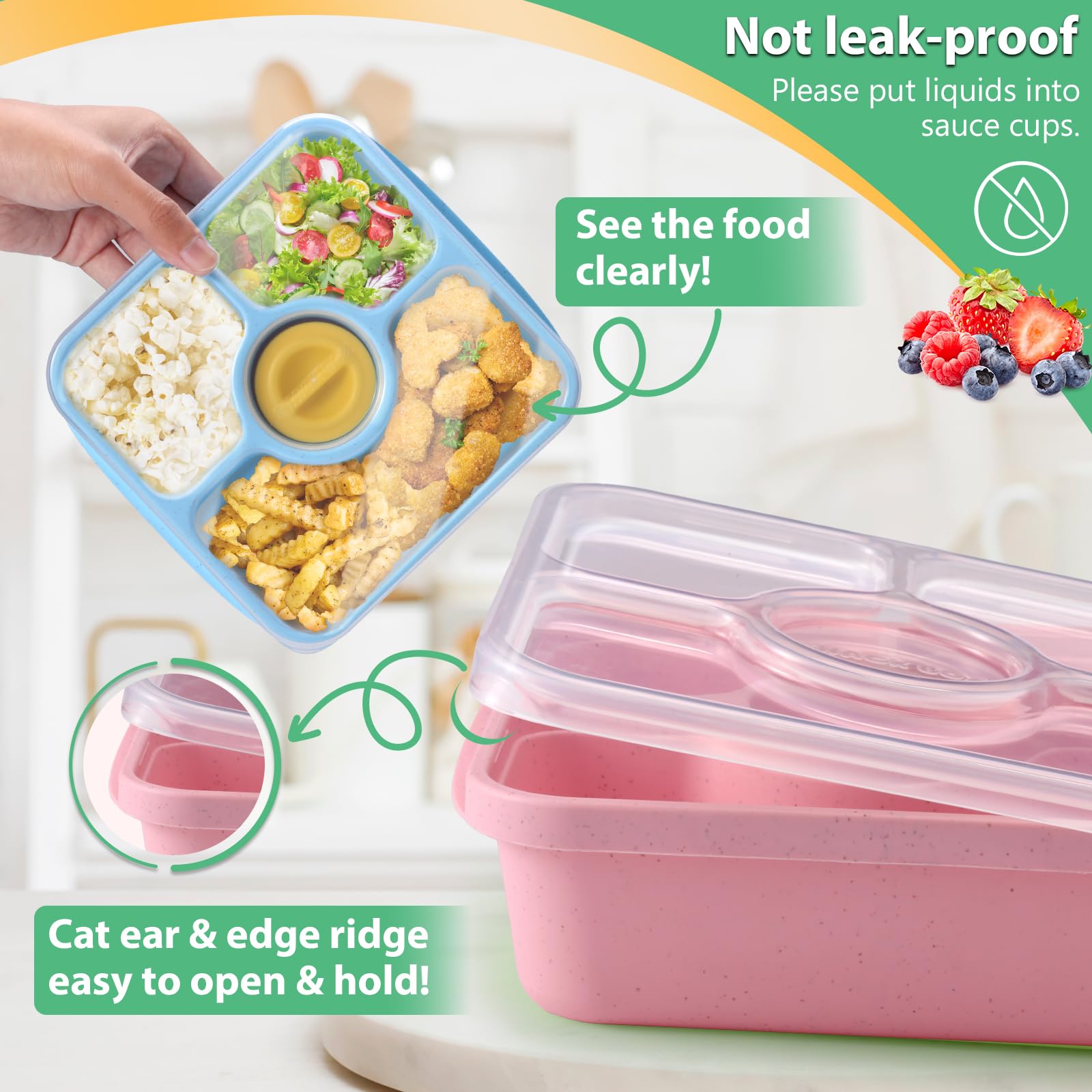 Bento Snack Box Containers for Adults Kids, 4 Pack Lunchable Meal Prep Containers Reusable, Stackable Bento Lunch Box, Food Storage Prep Containers with Lids and 4 Sauce Cups, Pastel Color, Clear Lid