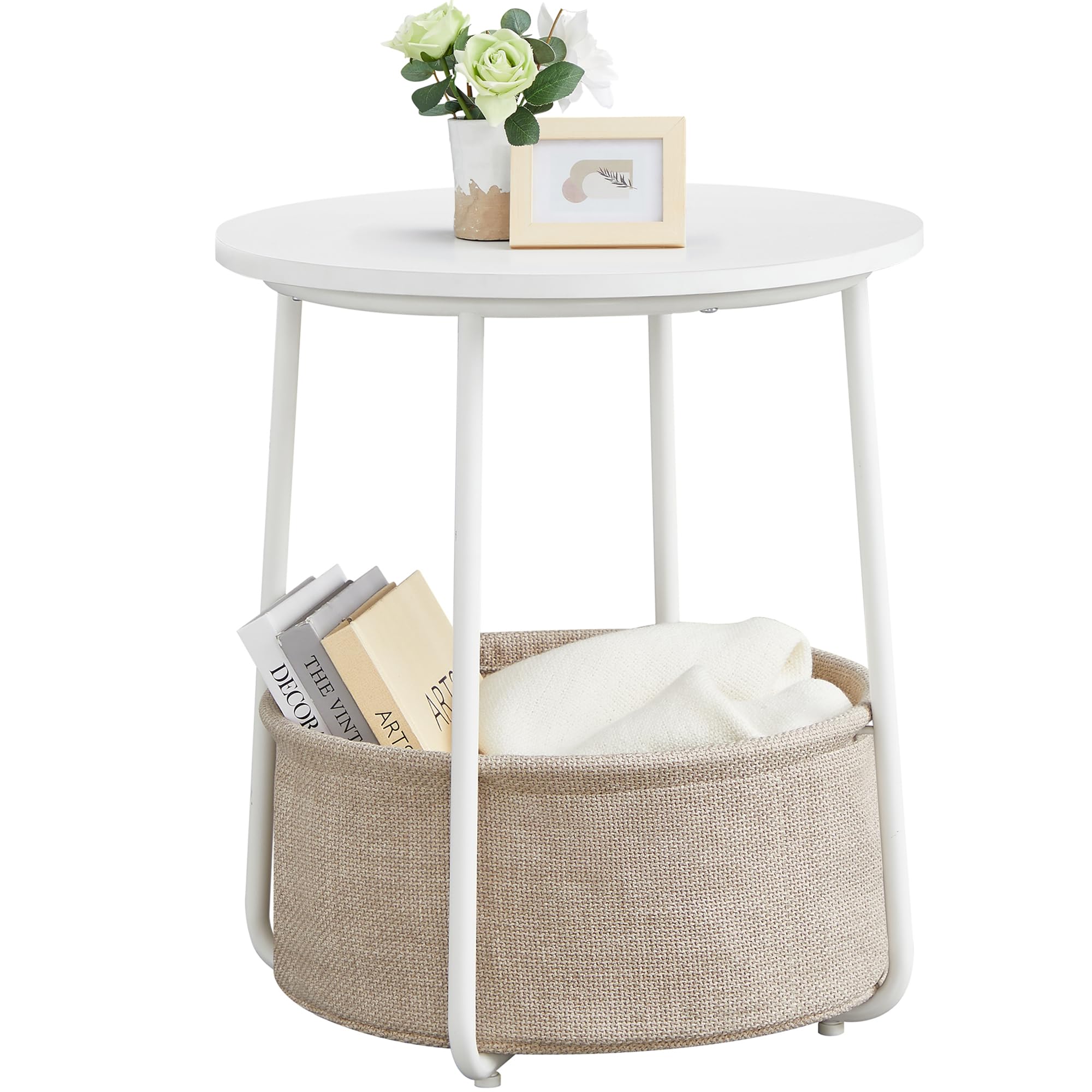 VASAGLE Small Round Side End Table, Modern Nightstand with Fabric Basket, Matte White and Camel Brown ULET223W10