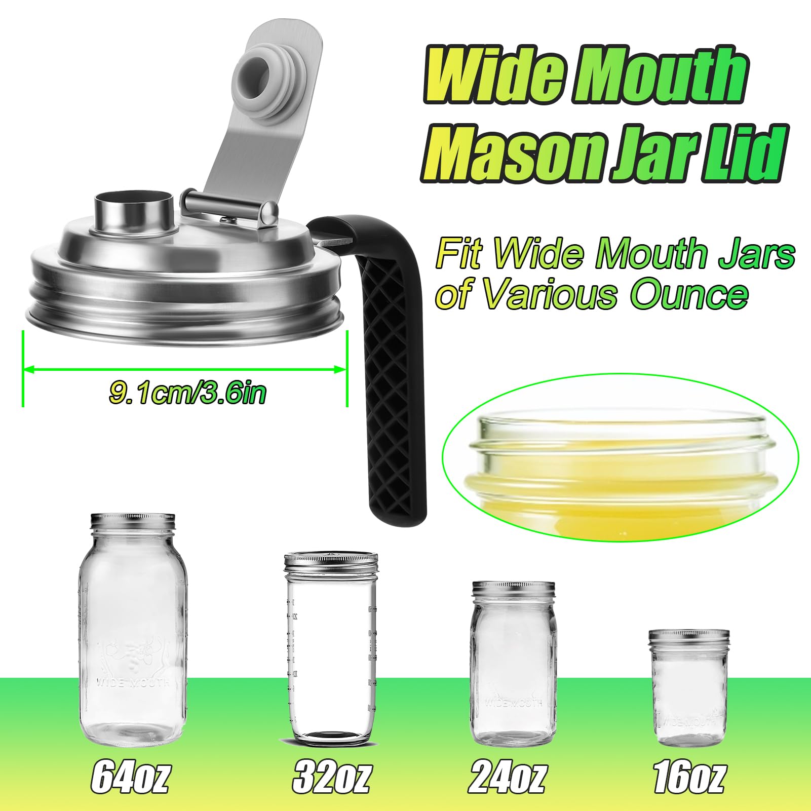 Mason Jar Pour Spout Lid Stainless Steel with Handle, Wide Mouth Pour Spout Flip Cap Lids for Mason Jars, Anticracking Leak Proof Seal Cover Airtight for Drinking Salad Dressing & Food Storing(2PCS)
