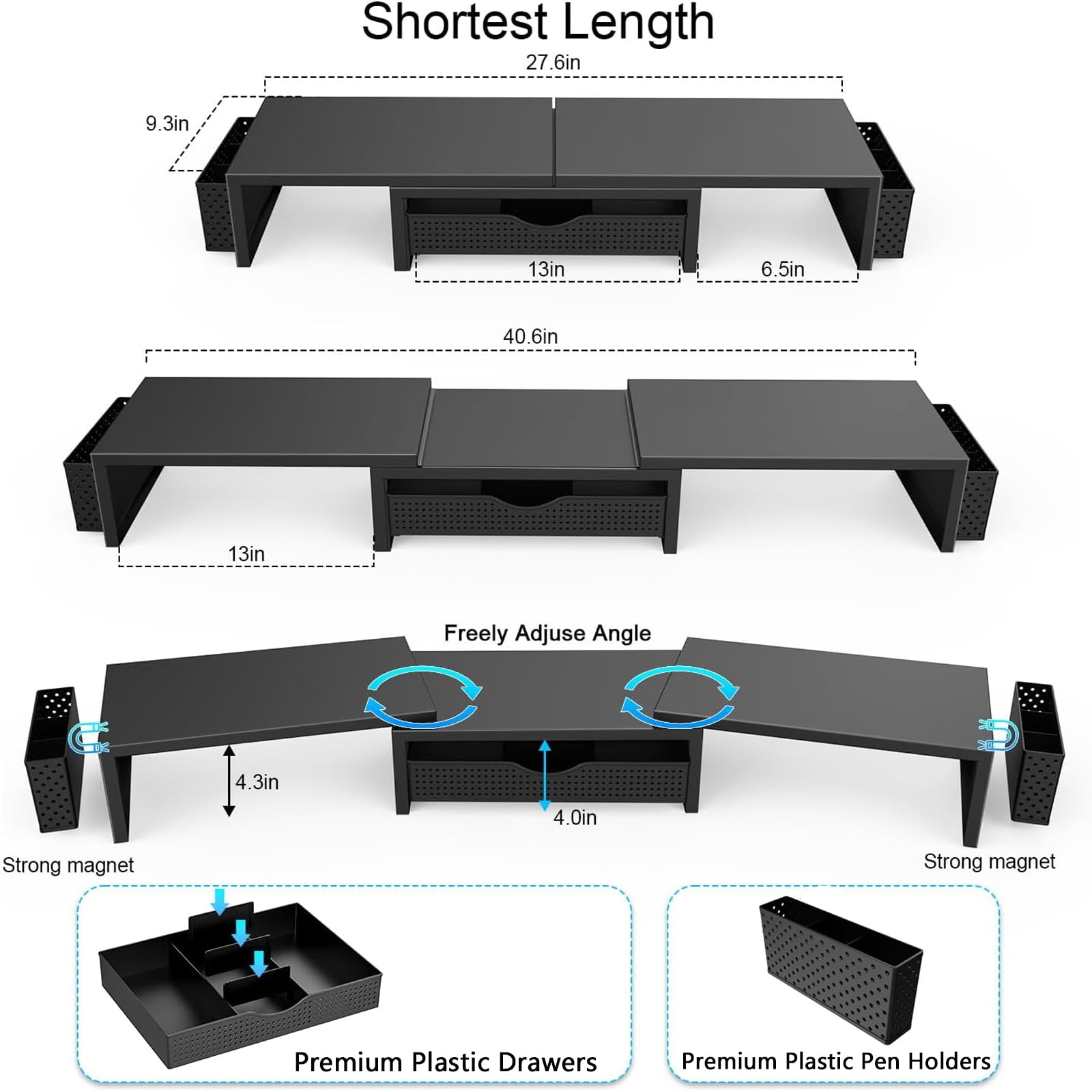 gianotter Dual Monitor Stand Riser, Desk Organizer With Drawer and 2 Pen Holders, Computer Monitor Stand, Desk Shelf for Top of Desk, Balck