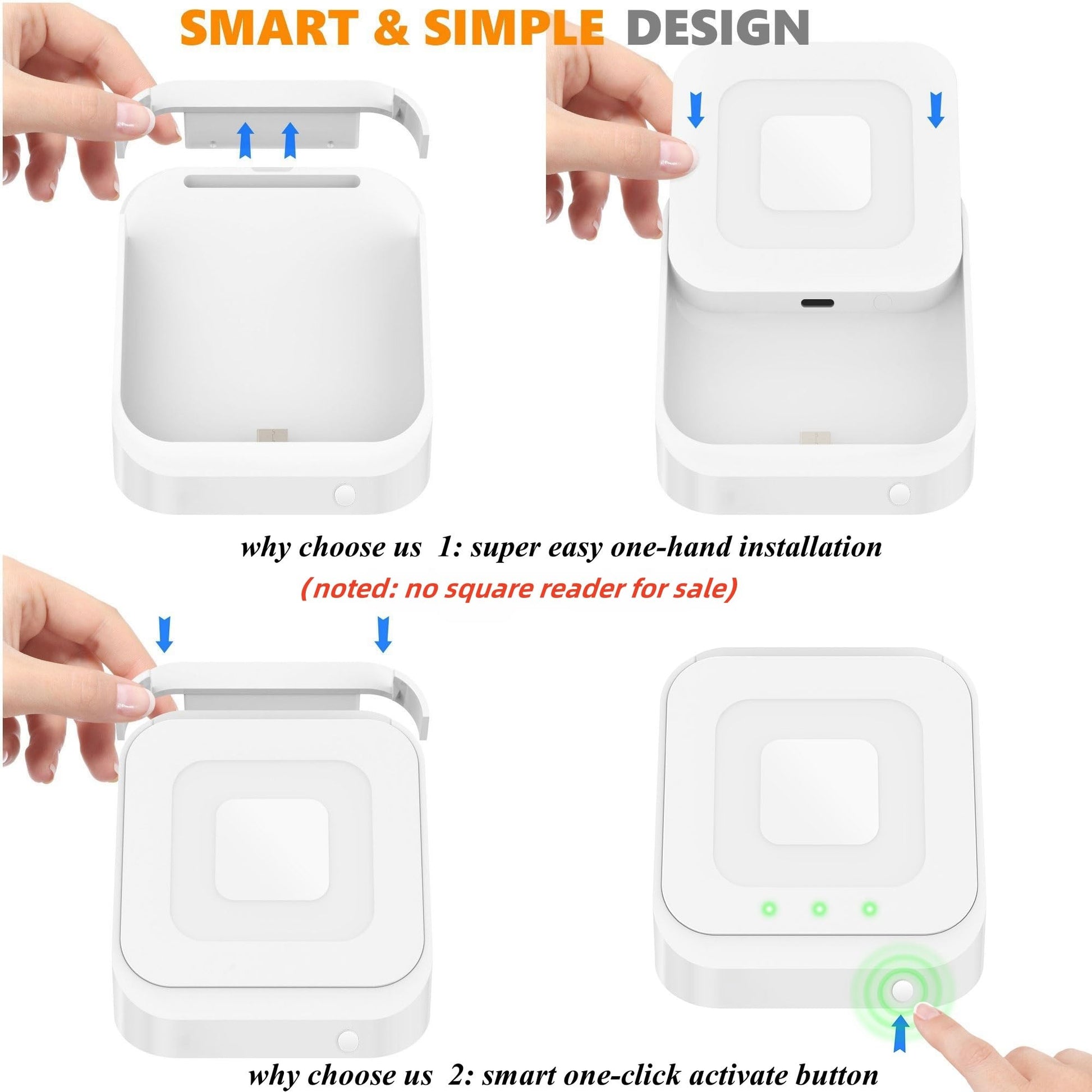Square Dock for Square Reader 2nd Generation, Holder Stand for Square Card Reader 2nd Generation, Dock with Smart Anti-Sleep Button Portable Size Anti-Slip (Cable and Wall Charger Included, No Device