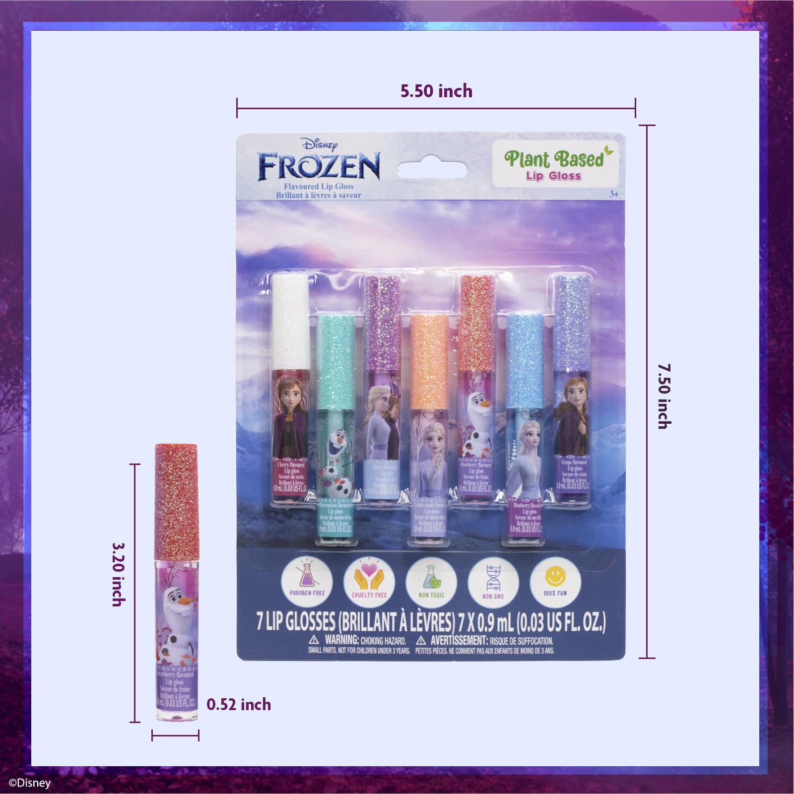 Townley Girl Disney Frozen Plant Based Vegan 7 PC Flavored Lip Gloss Set For Girls – Ideal for Sleepovers, Makeovers, Party Favors and Birthday Gifts! - Age: 3+