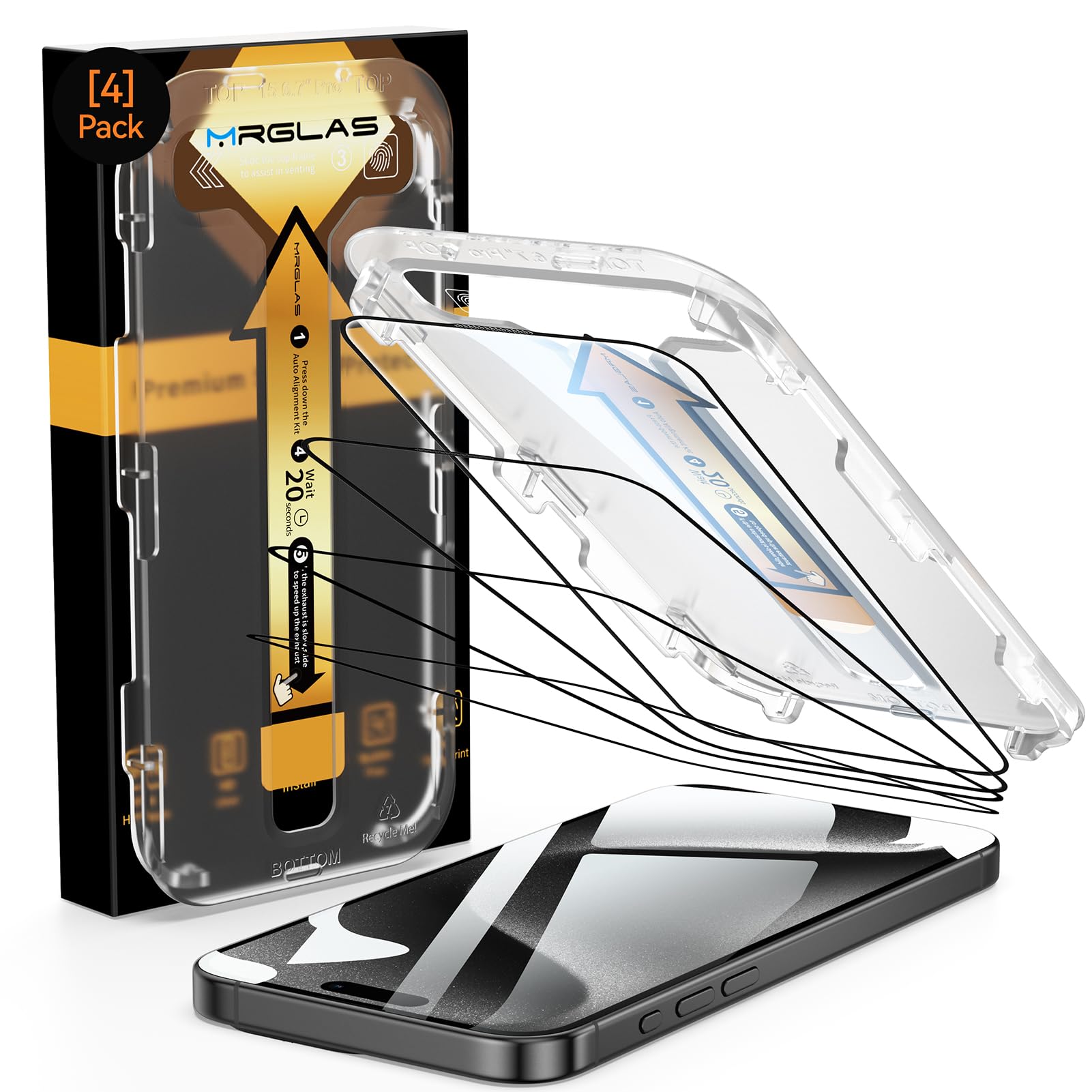 MRGLAS 4-Pack Screen Protector for iPhone 15 Pro Max [Auto-Alignment Kit][10X Military Grade Protection][HD Clear] 9H Shatterproof Tempered Glass Compatible 15 Pro Max 6.7" Case-Friendly, Zero Bubbles