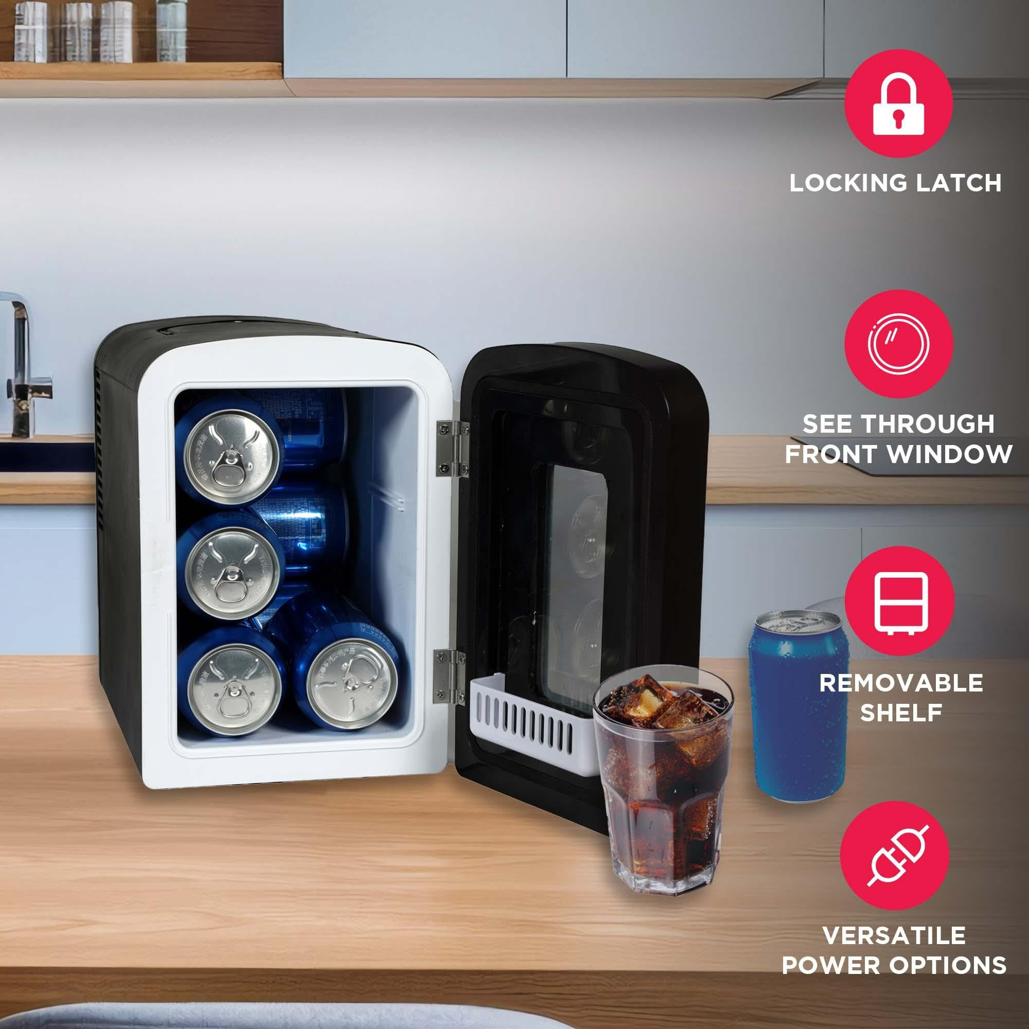 Frigidaire Portable 9-Can Mini Cooler Fridge, 5L, Brushed Stainless Rugged, Window, EFMIS189-SS, Clear Door, Glass