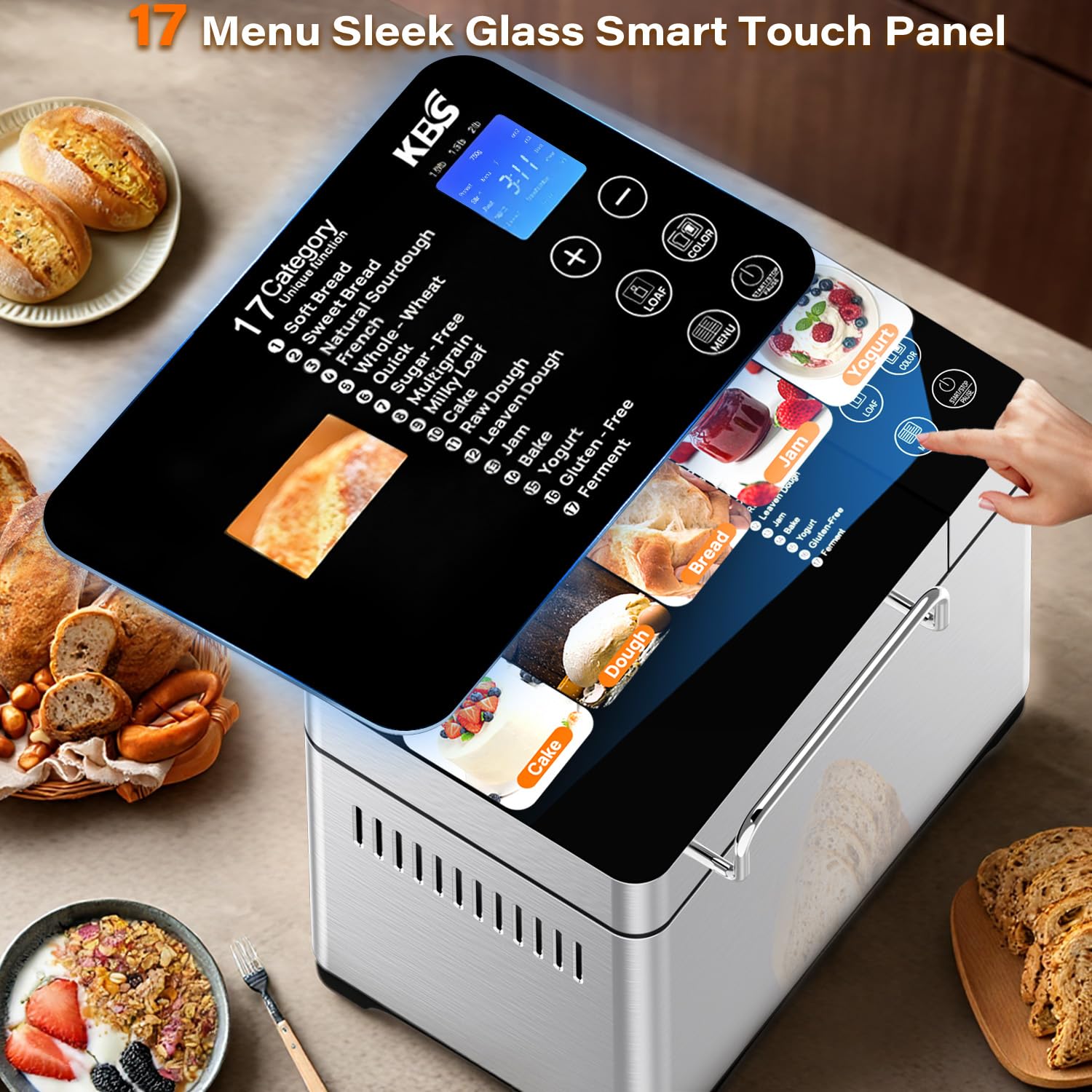 KBS Pro Stainless Steel Bread Machine, 2LB 17-in-1 Programmable XL Bread Maker with Fruit Nut Dispenser, Nonstick Ceramic Pan& Digital Touch Panel, 3 Loaf Sizes 3 Crust Colors, Reserve& Keep Warm Set