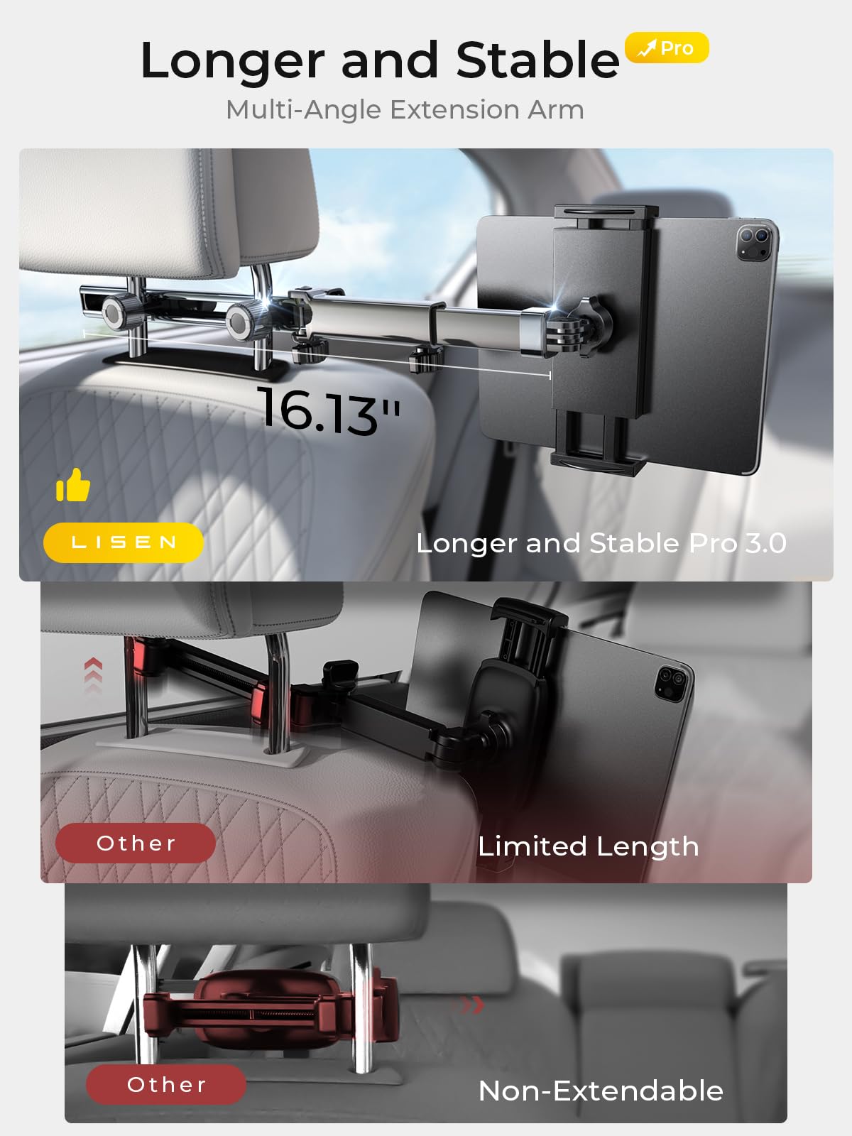 LISEN for iPad Holder Car Mount Road Trip Essentials Activities for Kids Car Accessories Women Interior, 3 in 1 Tablet Holder Backseat Camping Car Organizer Back Seat Headrest iPad Mount
