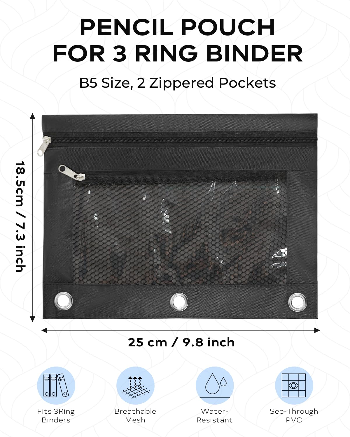INNOIO 3 Ring Binder Pencil Pouch - School Pencil Case with 2 Zippered Pockets, Clear Mesh Window Pencil Bag, B5 Size, Back to School Gifts (Black)