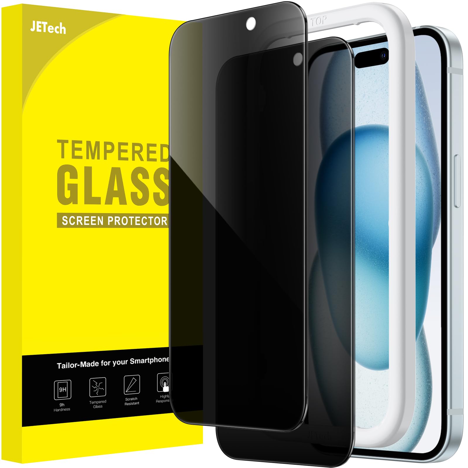 JETech Privacy Screen Protector for iPhone 15 6.1-Inch, Anti-Spy Tempered Glass Film with Easy Installation Tool, 2-Pack