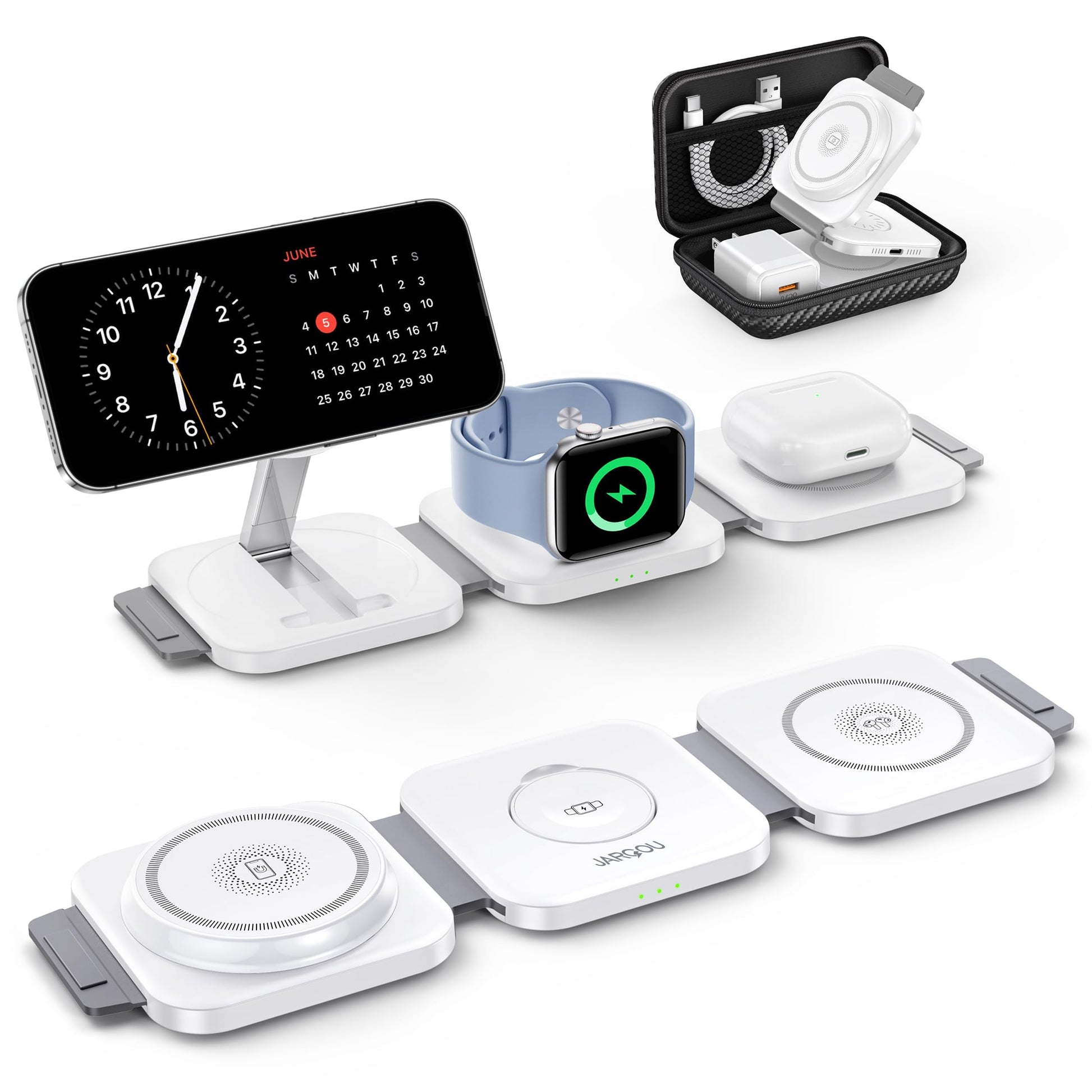 JARGOU 3 in 1 Magnetic Wireless Charger, Fast Charging Station for iPhone 16/15/14/13/12 Series, Travel Charger for Multiple Devices for AirPods 4/3/2/Pro, Charging Stand for Apple Watch S10 Series