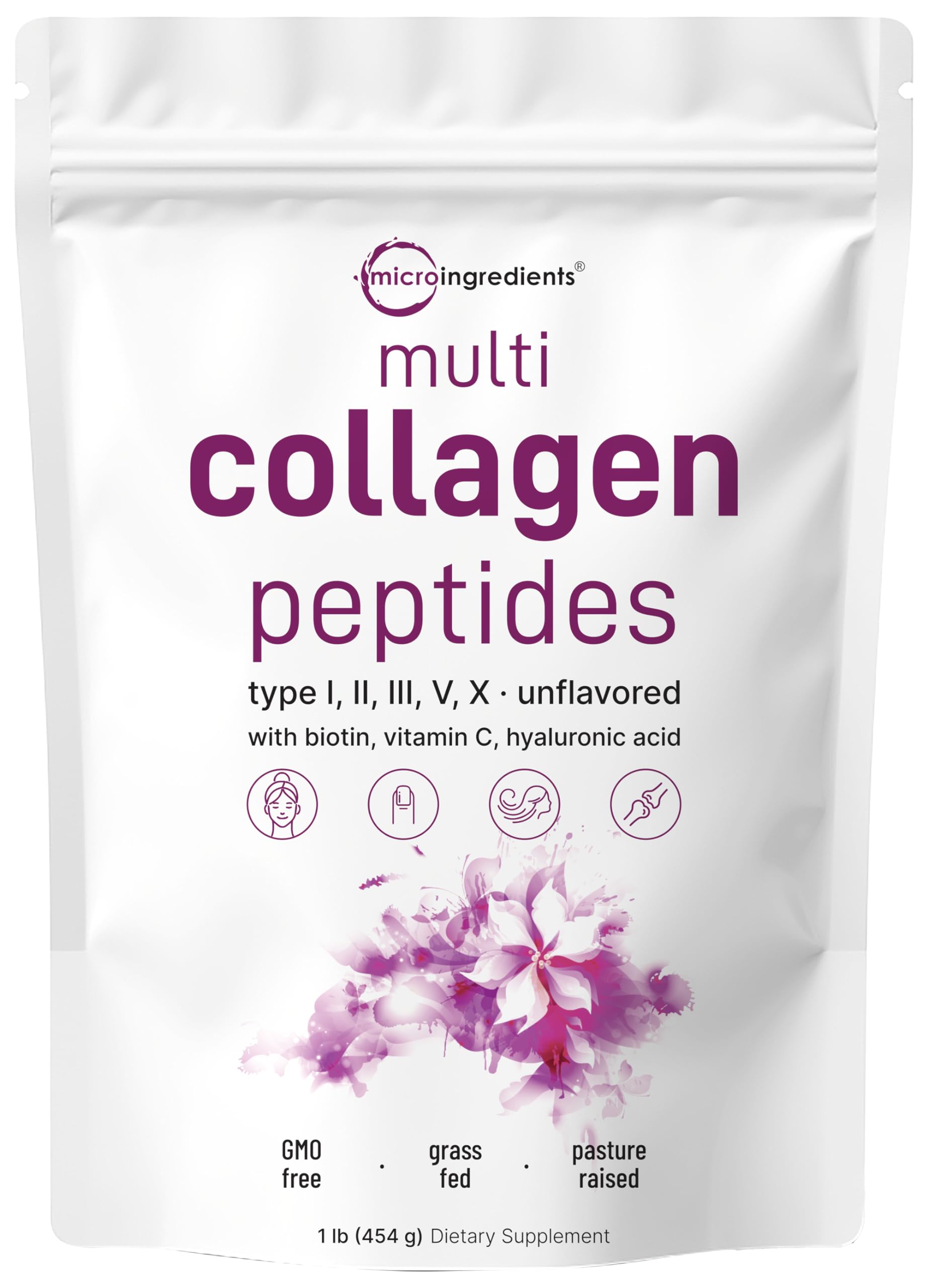 Micro Ingredients Multi Collagen Protein Powder, 2 Pounds Type I,II,III,V,X with Biotin, Hyaluronic Acid, Vitamin C Unflavored Collagen Peptides Keto & Paleo Friendly, Easy Dissolve, Non-GMO