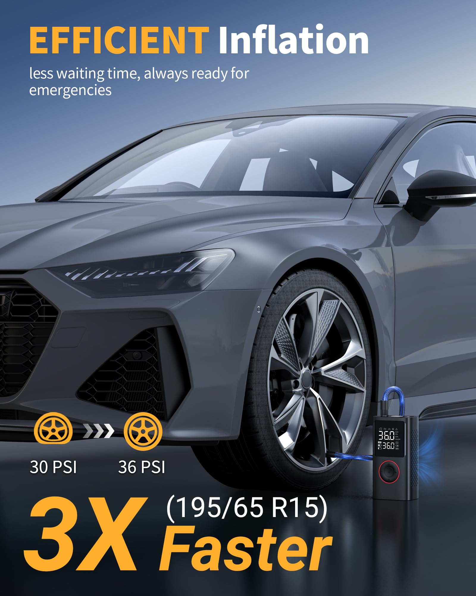 Powools Tire Inflator Portable Air Compressor, 150 PSI Cordless Bike Pump, Air Pump for Auto, Motorcycle, Bicycle, Balls with Pressure Gauge, LED Light & Car Accessories, Black, Medium