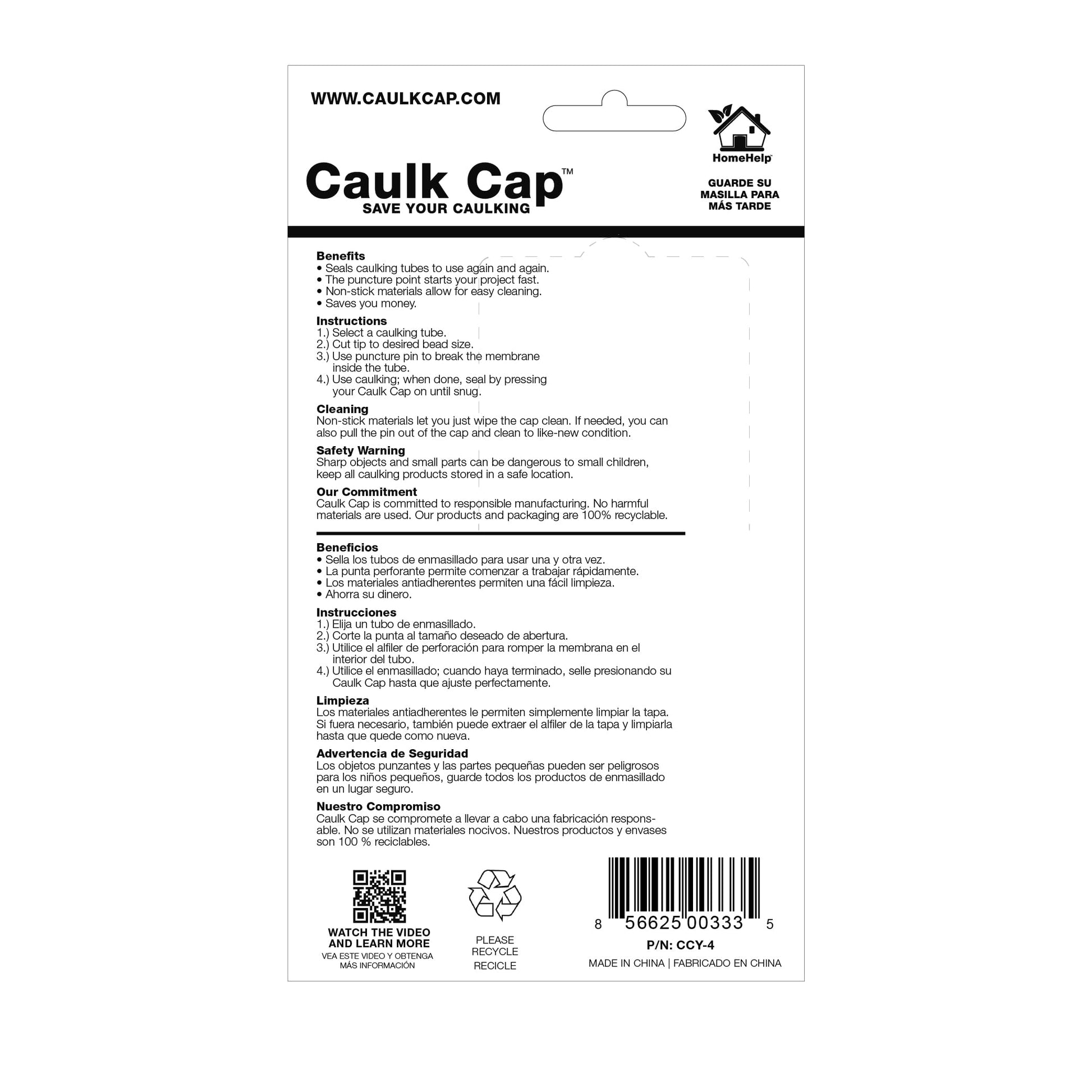 Caulk Cap CCY-4, Reusable Caulk Caps Caulk Tube Sealers with Built-in Puncture Pin, 4 Pack
