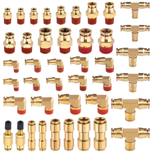 CheeMuii 43 PCS Brass DOT Air Brake Line Fittings 1/4" 3/8" 1/2" Push to Connect Fittings Quick Connect & NPT Thread Tube Air Hose Fittings Repair Kit for Truck or Industrial Air System