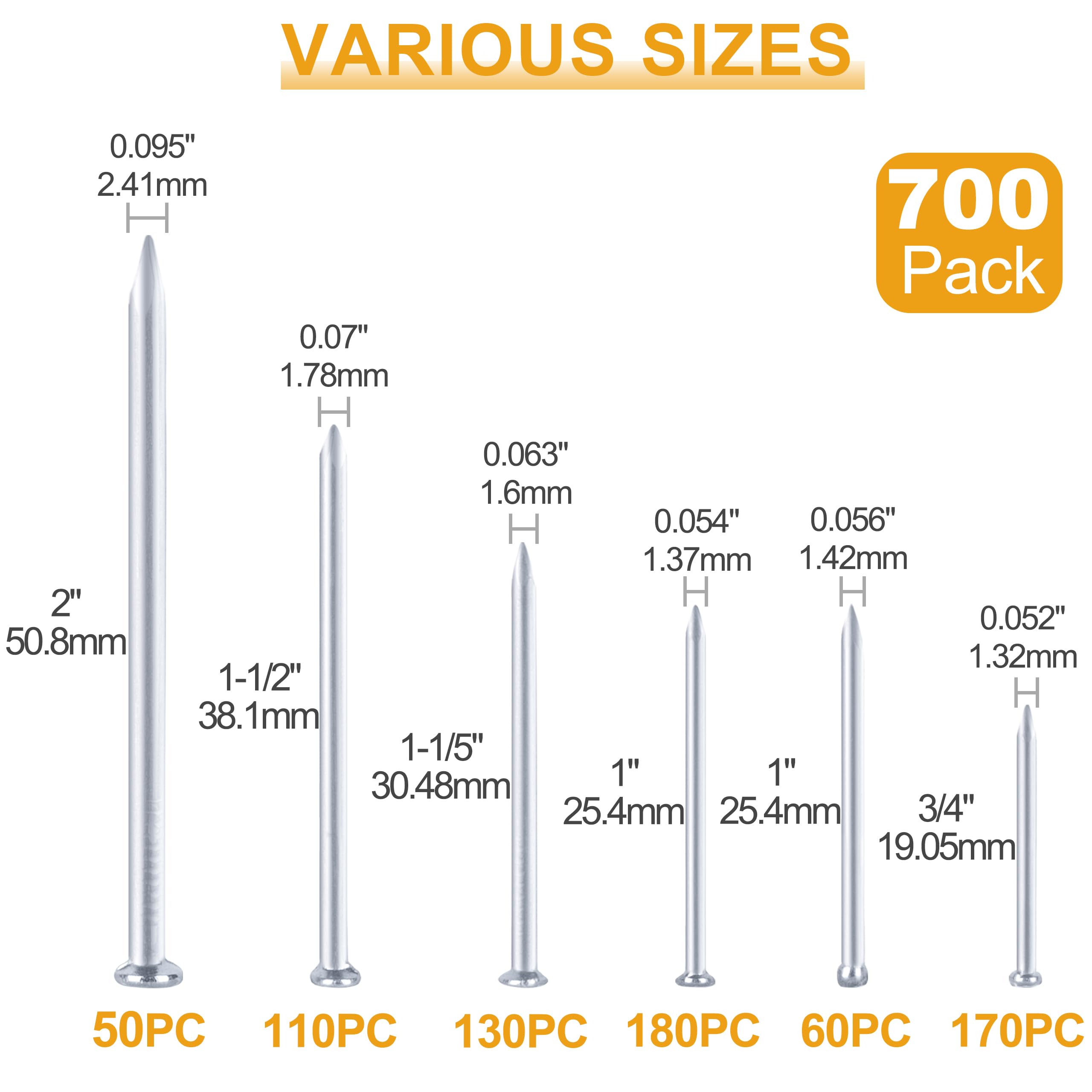 KURUI 700pcs Hardware Nails for Hanging Pictures, Up to 2"-Long Finish Nails Assortment Kit for Wall Art Decor, 640 Frame Nails and 60 Small Finishing Nails for Drywall Wood - Silver Picture Hangers