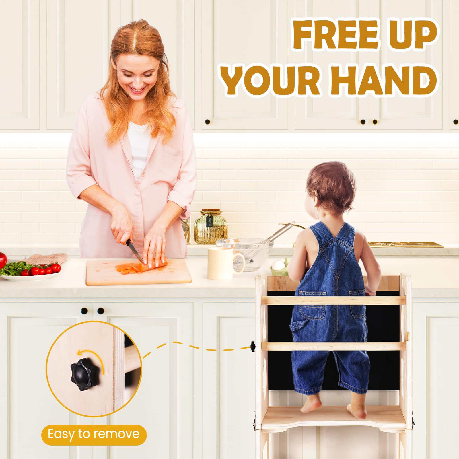 Woodure 4-in-1 Toddler Kitchen Step Stool, Foldable Learning Standing Tower with Blackboard, Wooden Kitchen Stool Helper for Kids, 1-3 Year Old Boy Girl Gifts