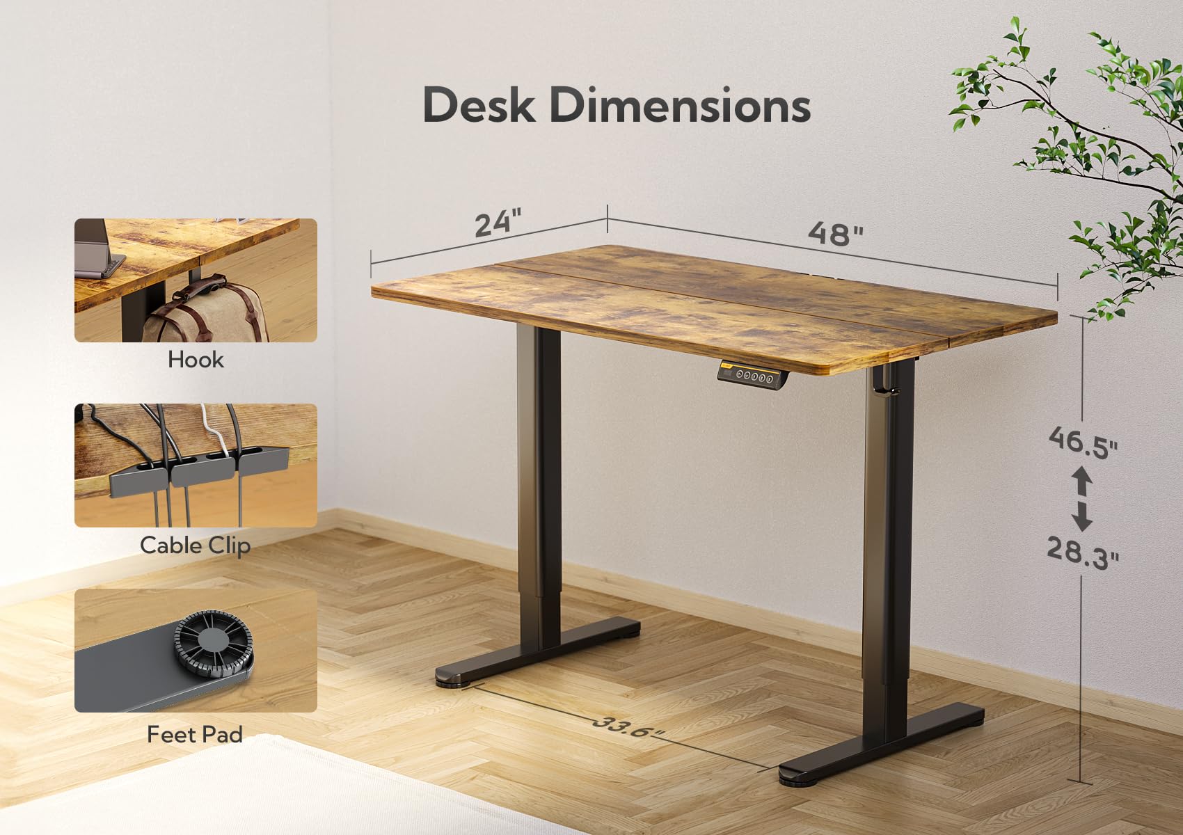 Claiks Electric Standing Desk, Adjustable Height Stand up Desk, 24x48 Inches Sit Stand Home Office Desk with Splice Board, Black Frame/Rustic Brown Top