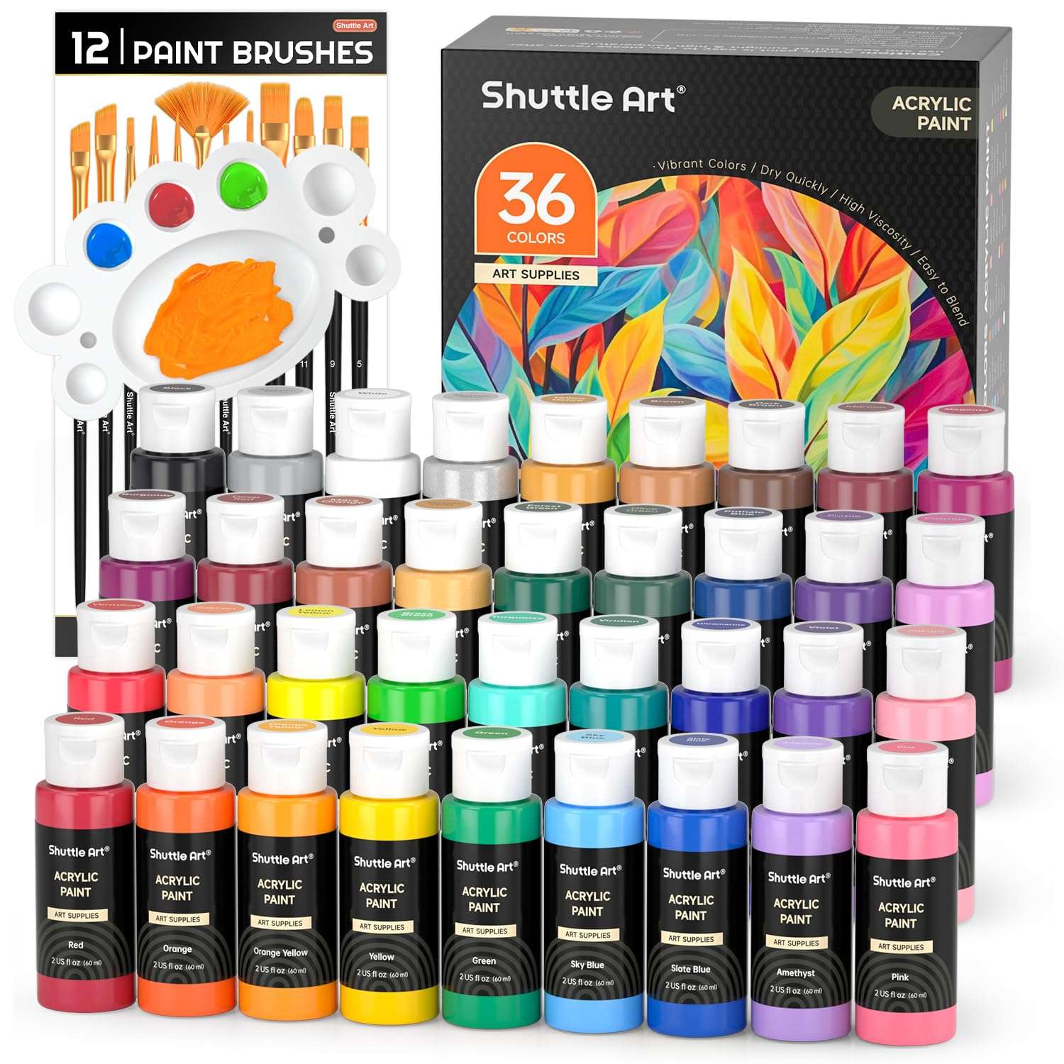 Shuttle Art Acrylic Paint Set, 36 Colors Acrylic Paint with Brushes & Palette, 2oz Bottles, Rich Pigments Non-toxic Paint for Artists Kids & Adults, Art Supplies for Canvas Rock Ceramic Wood Painting