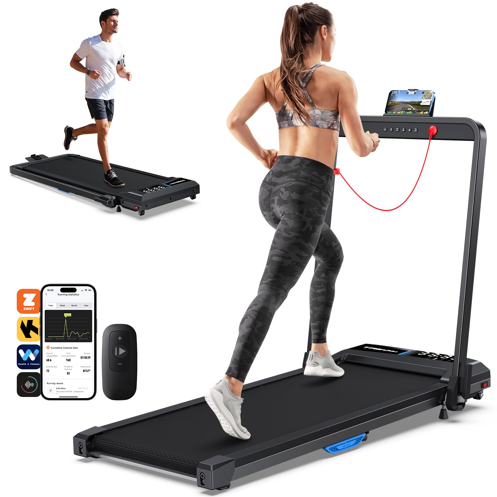 Under Desk Walking Pad Treadmill: Incline Voice Controlled Smart Treadmill 320 lbs Capacity for Home Office Use, Compatible with KINOMAP WELLFIT App