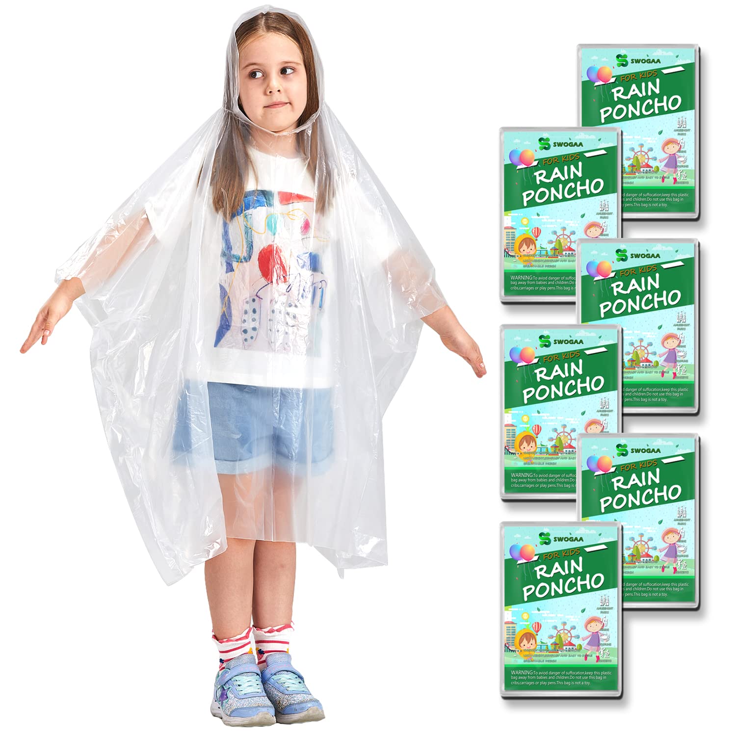 SWOGAA Disposable Rain Ponchos for Kids and Adults (Family 6 Pack) -50% Extra Thicker Men or Women Waterproof Emergency Rain Ponchos with Hood