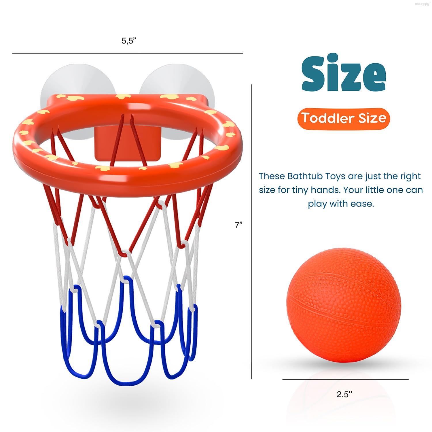 Bath Toys – Bathtub Basketball Hoop for Toddlers, Kids, Boys and Girls | 4 No-Hole Balls & Strong Suction Cups | Fun Basketball Bath Toy for Toddlers