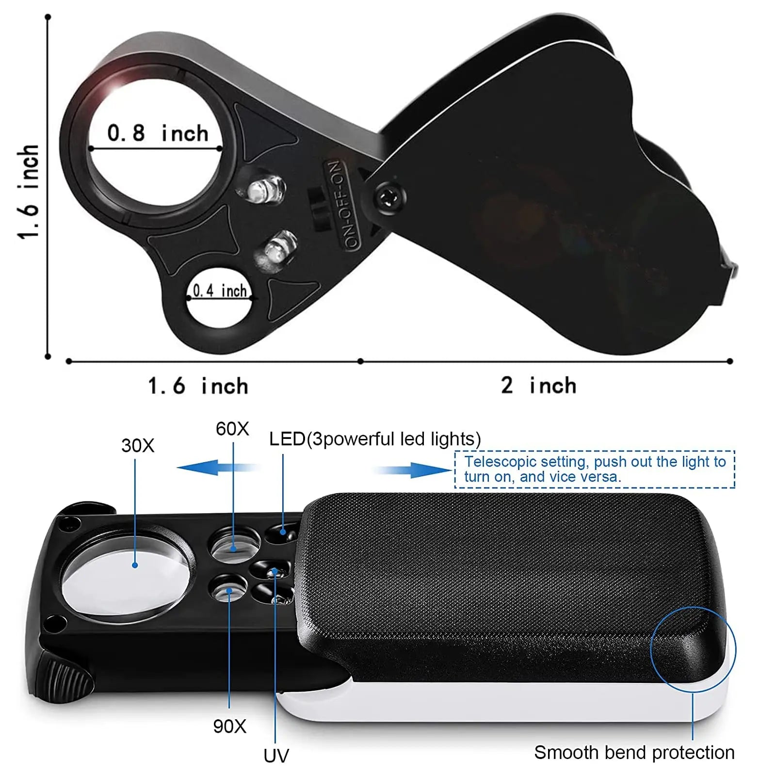 HMKIS Jewelers Loupe, 2 Pack Magnifying Glass with Light, 30X 60X 90X Jewelers Loop Magnification with 20 Backup Batteries for Coin, Diamonds, Gems, Jewelry, Stamps Close Work